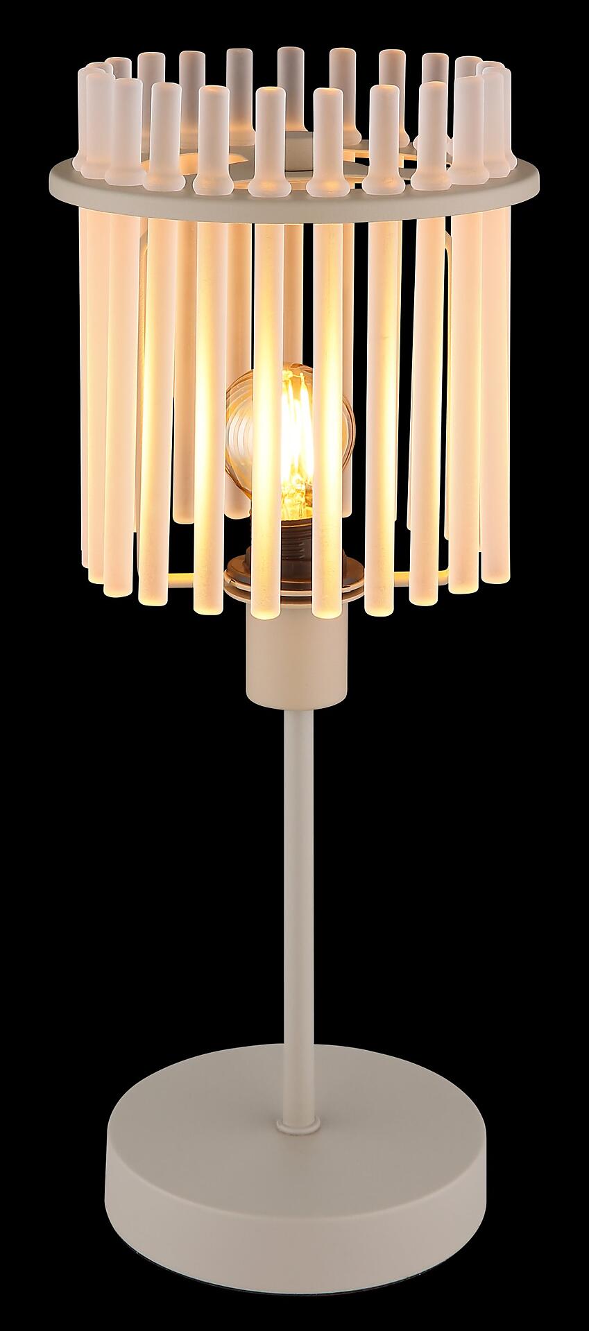 Tischleuchte GORLEY mit runden, weißen Elementen und einem Lampenschirm aus vertikal angeordneten Kunststoffstäben, die ein indirektes Lichtmuster erzeugen.