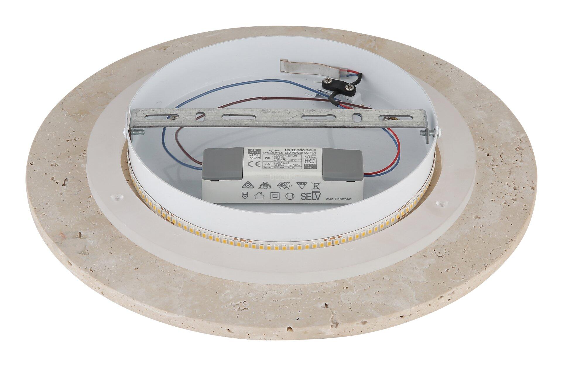 Rückansicht der Wandleuchte JILLIAN mit integriertem LED-Netzteil und sichtbarem Lichtkranz aus gelben LEDs.