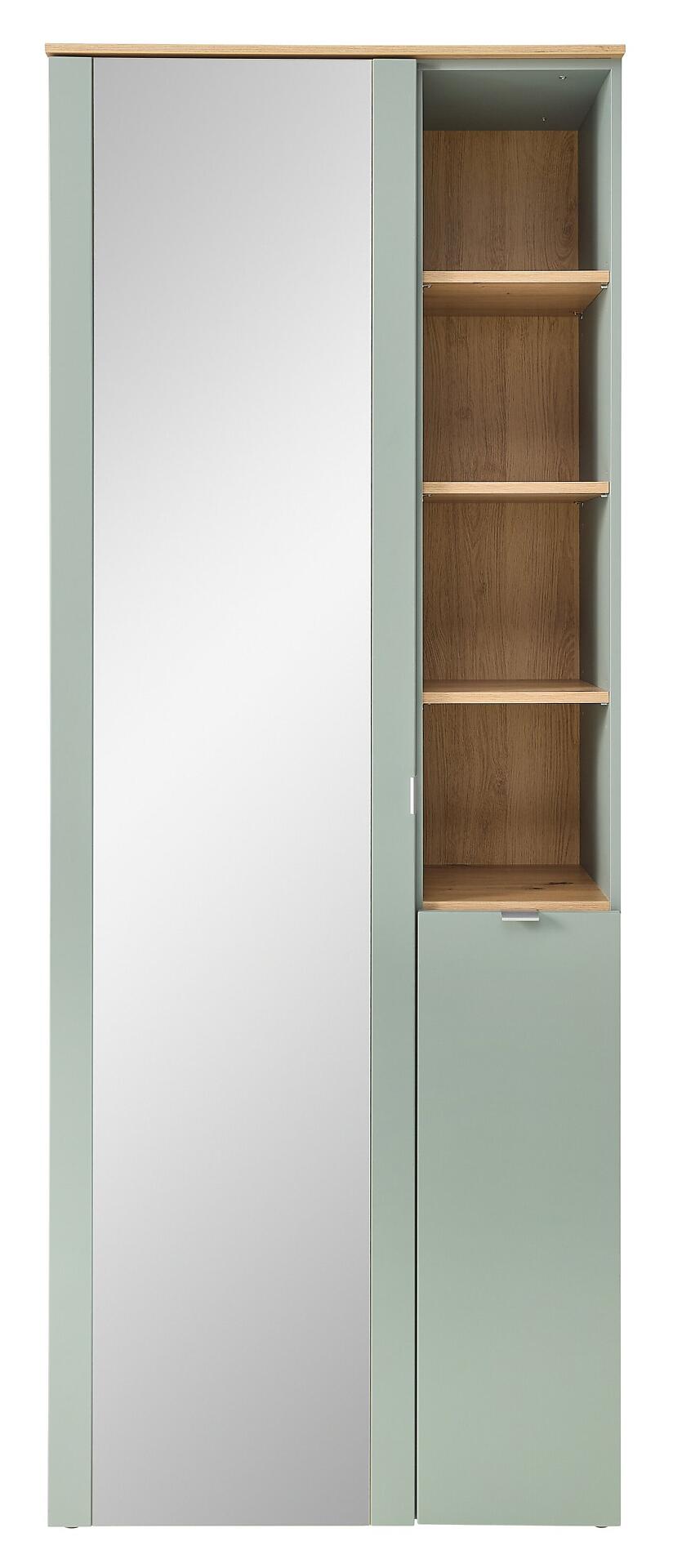 Garderobenschrank Bari mit Schilfgrün supermatt MDF-Front, rahmenloser Spiegel und Innenraum mit drei festen Einlegeböden.