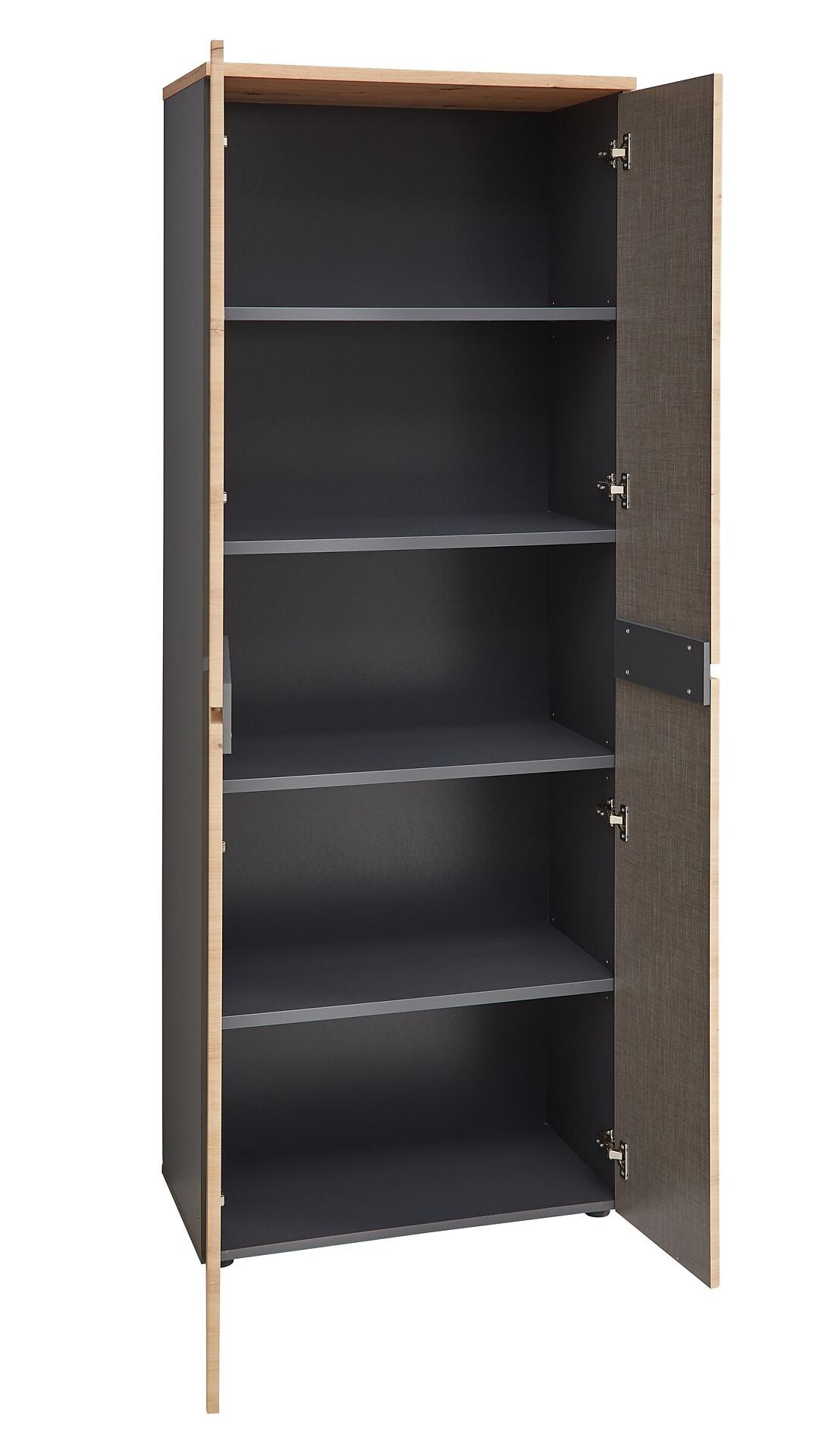 Büroschrank Memphis mit Artisan Eiche Front und Innenleben, dargestellt mit geöffneter Tür, die vier Einlegeböden und die Scharnierbefestigung zeigt.