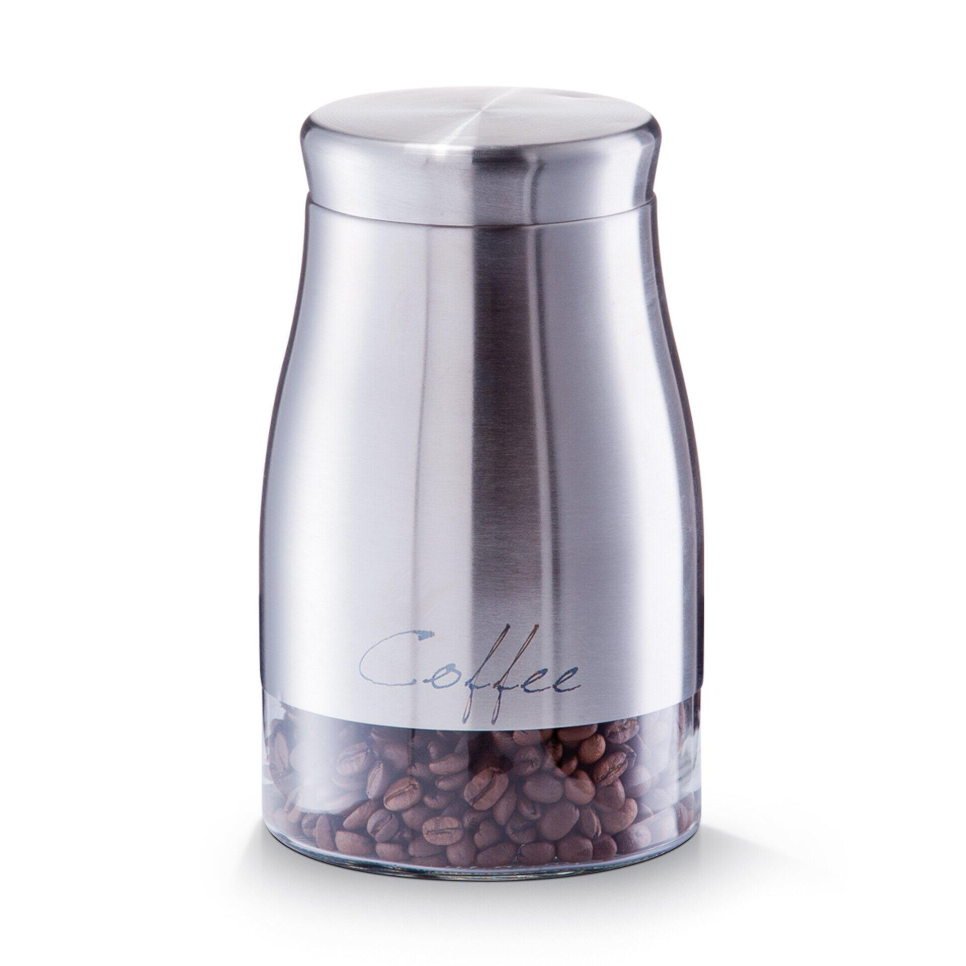 Vorratsglas mit Edelstahl-Deckel, auf dem "Coffee" eingraviert ist, zeigt braune Kaffeebohnen im transparenten Glasbehälter.