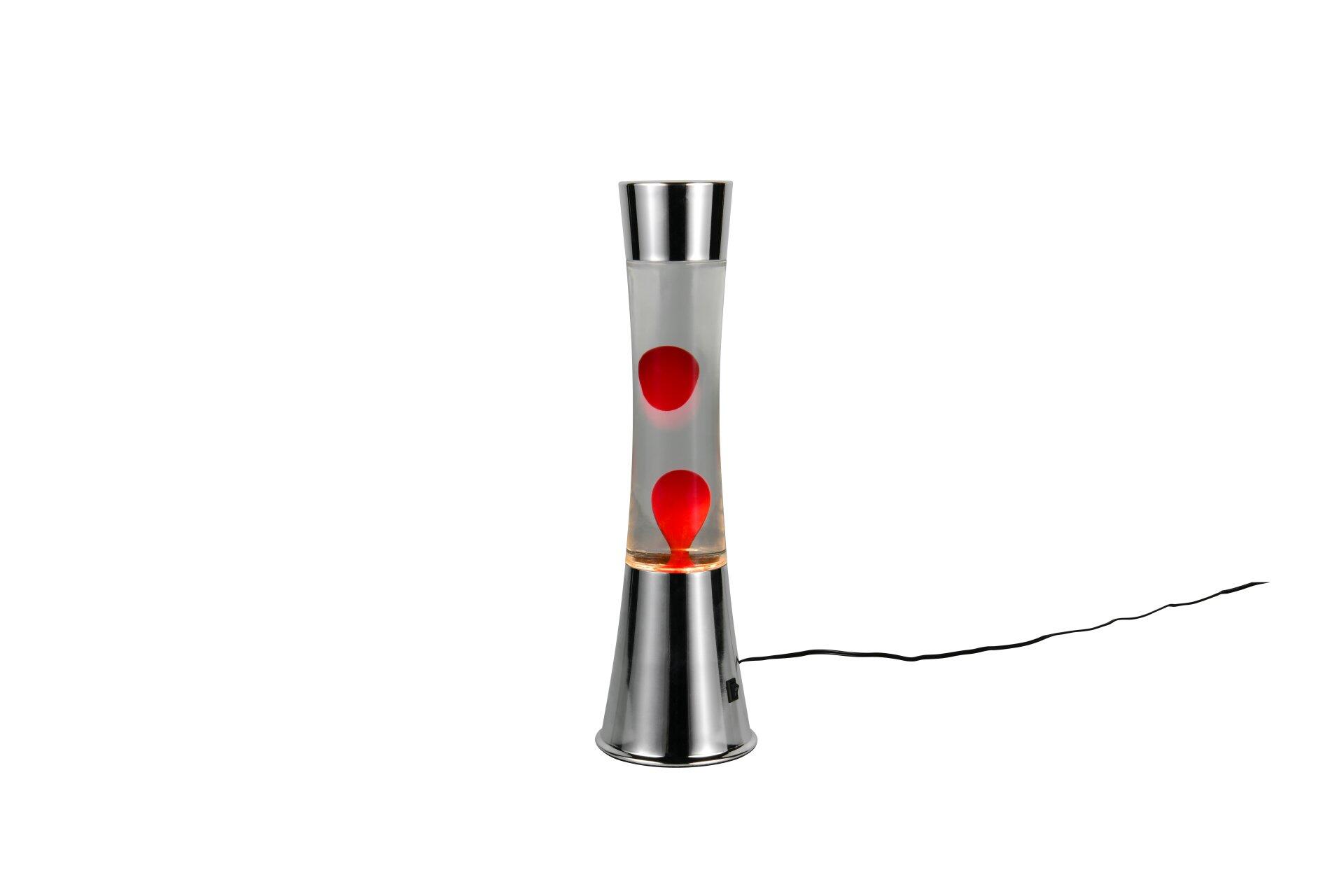 Lava Lampe Etna mit silbernem Lampenkörper und rot-bläulichen Lavatropfen, die in langsamen Bewegungen aufsteigen und absinken, aufgenommen aus leicht schräger Perspektive.