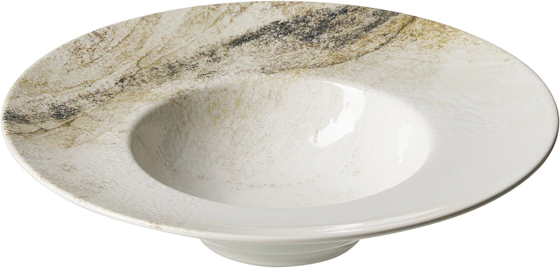 Gourmetteller Arezzo: Weißer Teller mit marmorartigem Muster und gewölbter Form, aus der Vogelperspektive erkennbar.