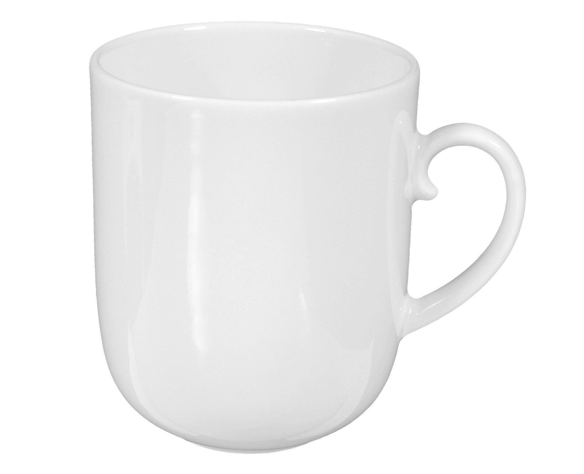 Weißer Keramiktasse "Rondo/Liane" mit ovaler Form und elegant gebogenem Henkel, frontal aus schräger Perspektive dargestellt.