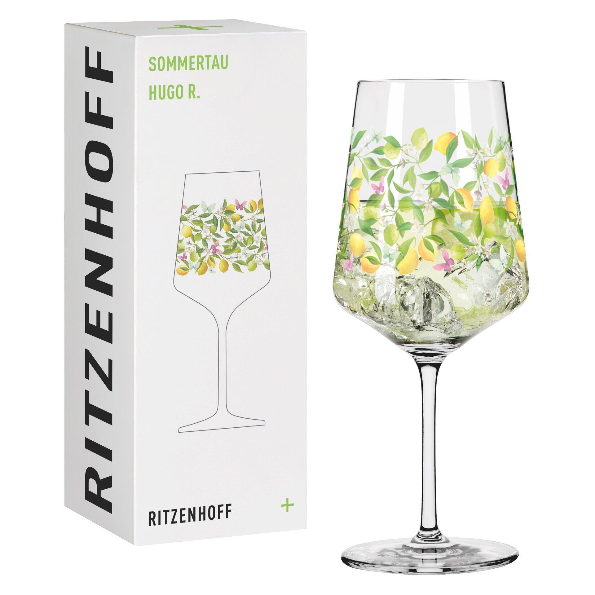 Aperitifglas mit klassischer Form und aufwendlichem, aquarellartigem Motiv aus Zitronenästen, Blättern, Blüten und Zitronen, präsentiert in attraktiver Geschenkbox.