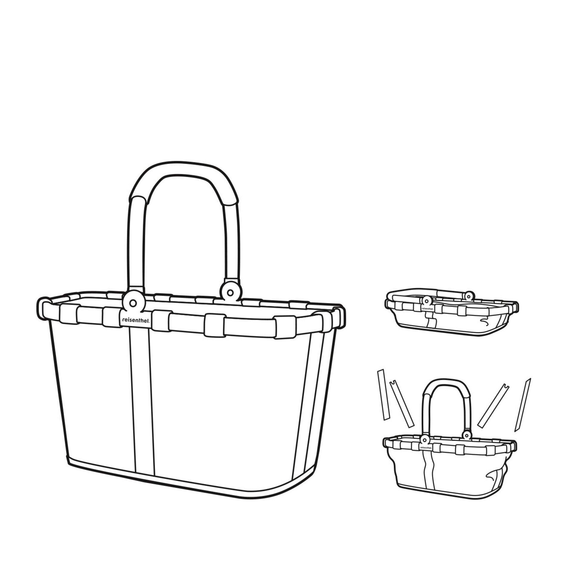 Faltbarer Carrybag xs Einkaufskorb in Schwarz-Grau mit stabilen Tragegriffen und Detailansicht zur Demonstration der Faltbarkeit und der Einzelteile.