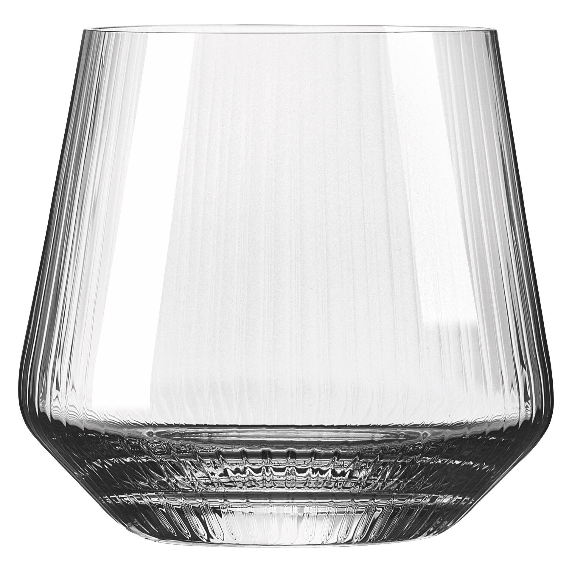 Wasserglas-Set: Detailaufnahme des konischen Unterteils mit strukturierter, geriffelter Oberfläche, die das Licht reflektiert.