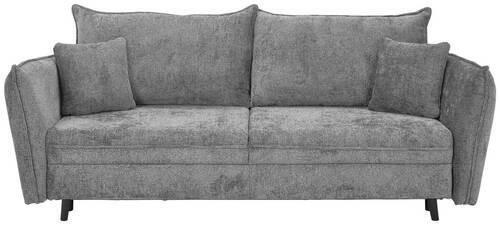 Schlafcouch Santana mit samtiger Oberfläche, abgerundeten Ecken, hoher Rückenlehne, drei Zierkissen und konischen Füßen in Schwarz.