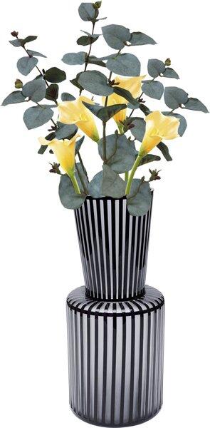 Mundgeblasene Vase Roulette mit satiniertem Glas in Schwarz-Weiß-Streifenoptik, bestehend aus konisch zulaufendem und zylindrischem Teil, gefüllt mit gelben Blüten und grünen Blättern.