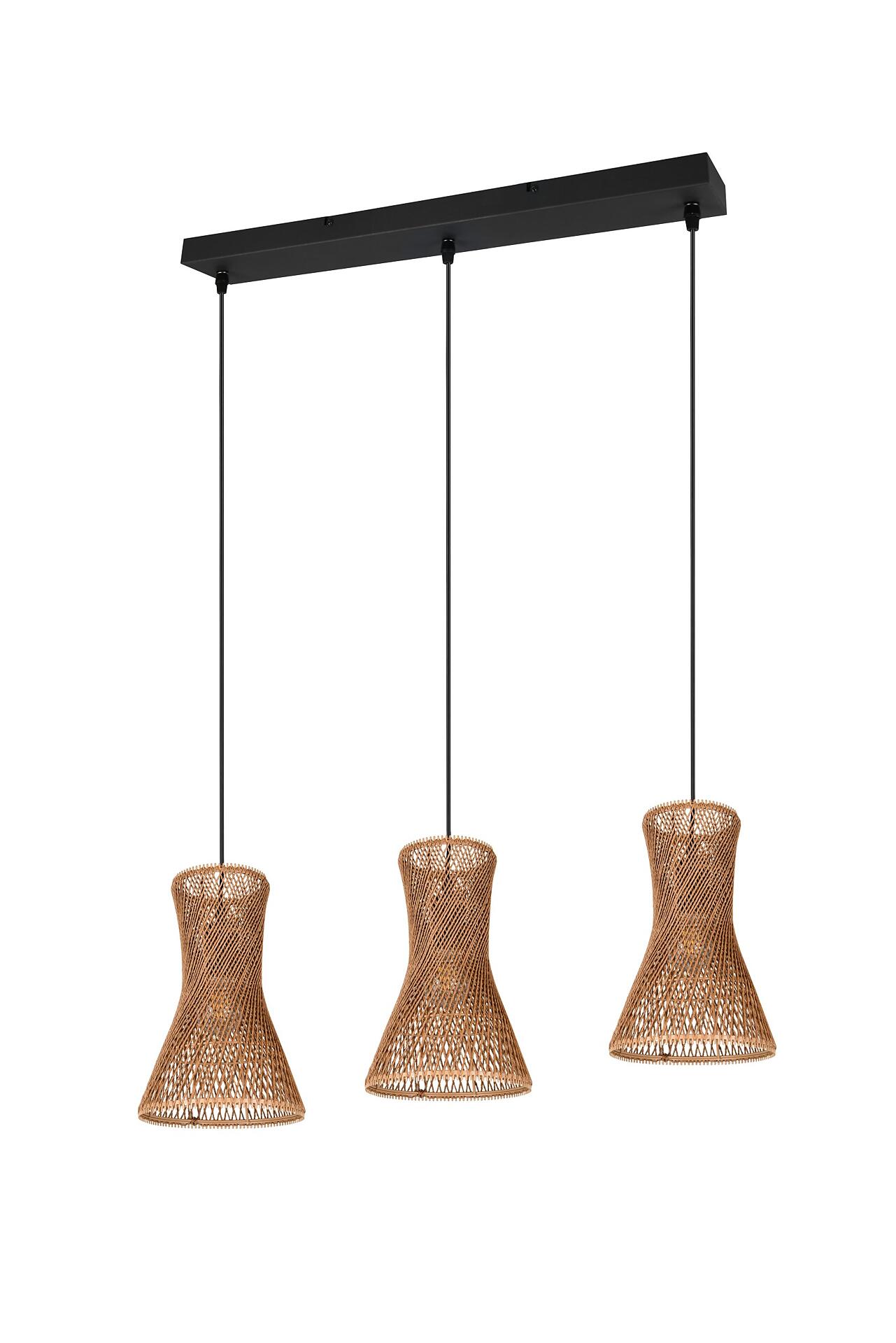Pendelleuchte Bijou: Dreifachleuchte mit schwarzen Metallgehäuse und drei konischen, gewebten Lampenschirmen in Braun-Gelb, dargestellt im Gegenlicht.