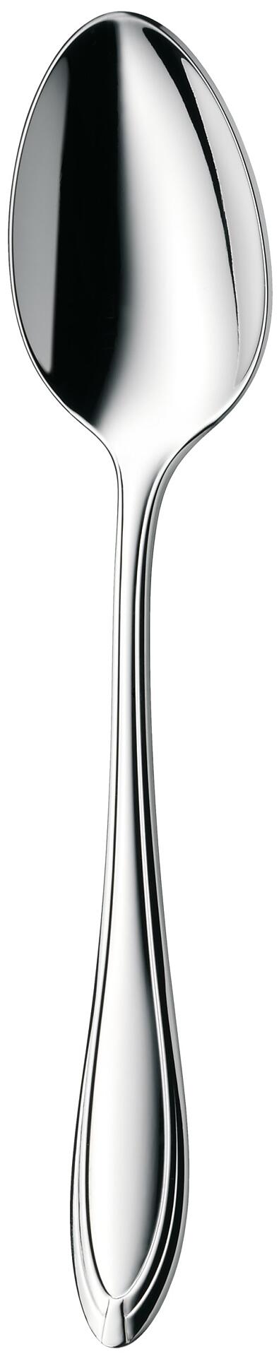 Silberfarbener Esslöffel aus dem 60-teiligen Besteck-Set Verona von WMF, frontal abgebildet mit Details der ovalen Schöpfkelle und dem elegant geschwungenen, gerillten Stiel.