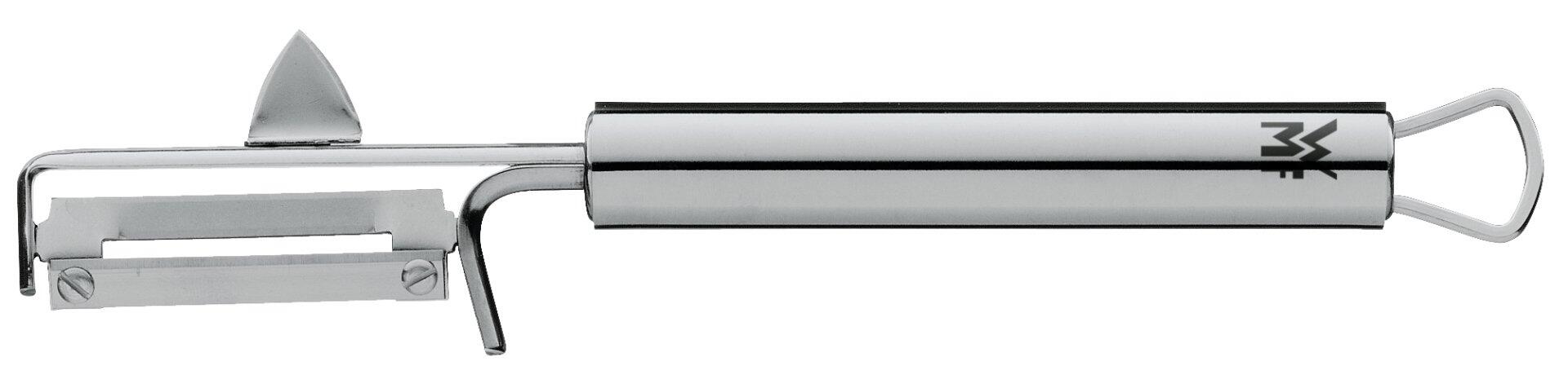 WMF Pendelschäler Profi Plus aus Edelstahl mit gebogenem Griff, verstellbarem Auflage-Stift und abgerundeter Klinge, Seitenansicht.