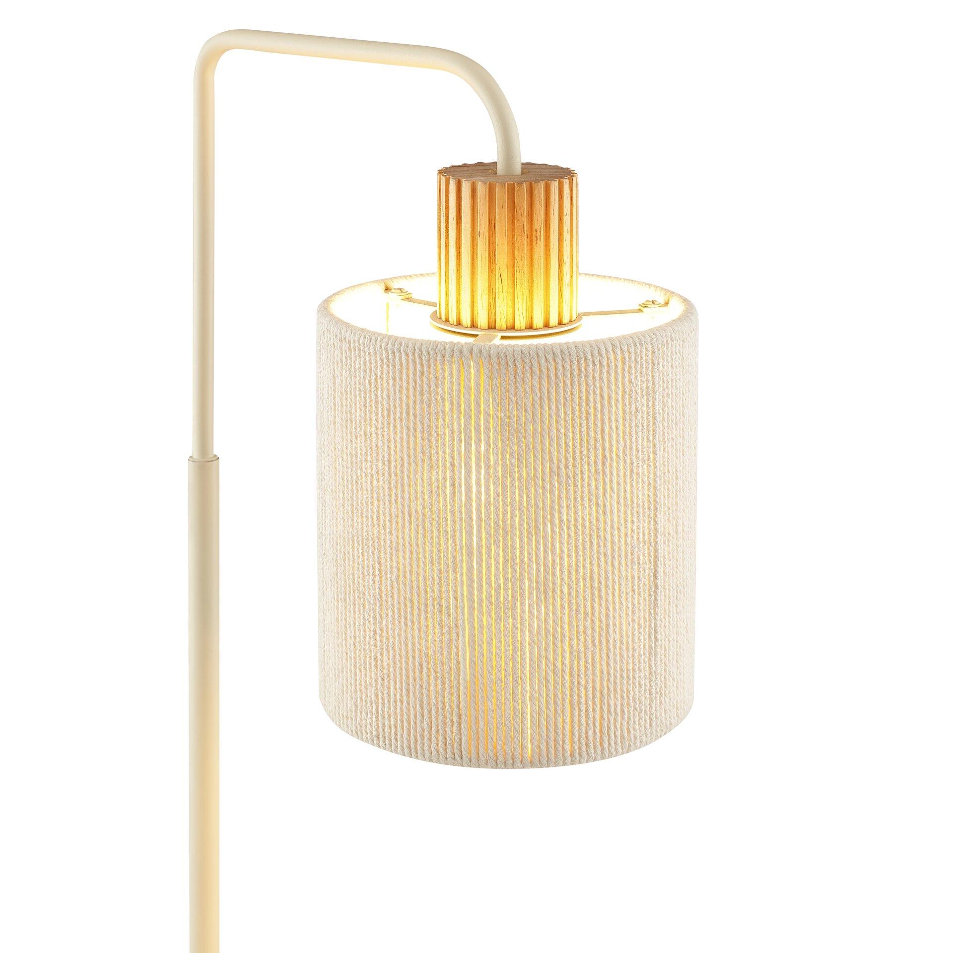 Arlo Tischleuchte, beige Design mit gebogenem Lampenstiel und zylindrischem Schirm mit vertikalen Rillen, Detailaufnahme von der Seite.