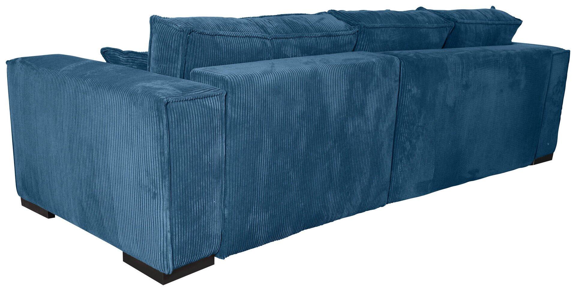 Ecksofa Mango mit Cordstoffbezug, modularem Aufbau und braunen Holzfüßen, zeigt eine komfortable Polsterung und leicht geschrägte Rückenlehnen.