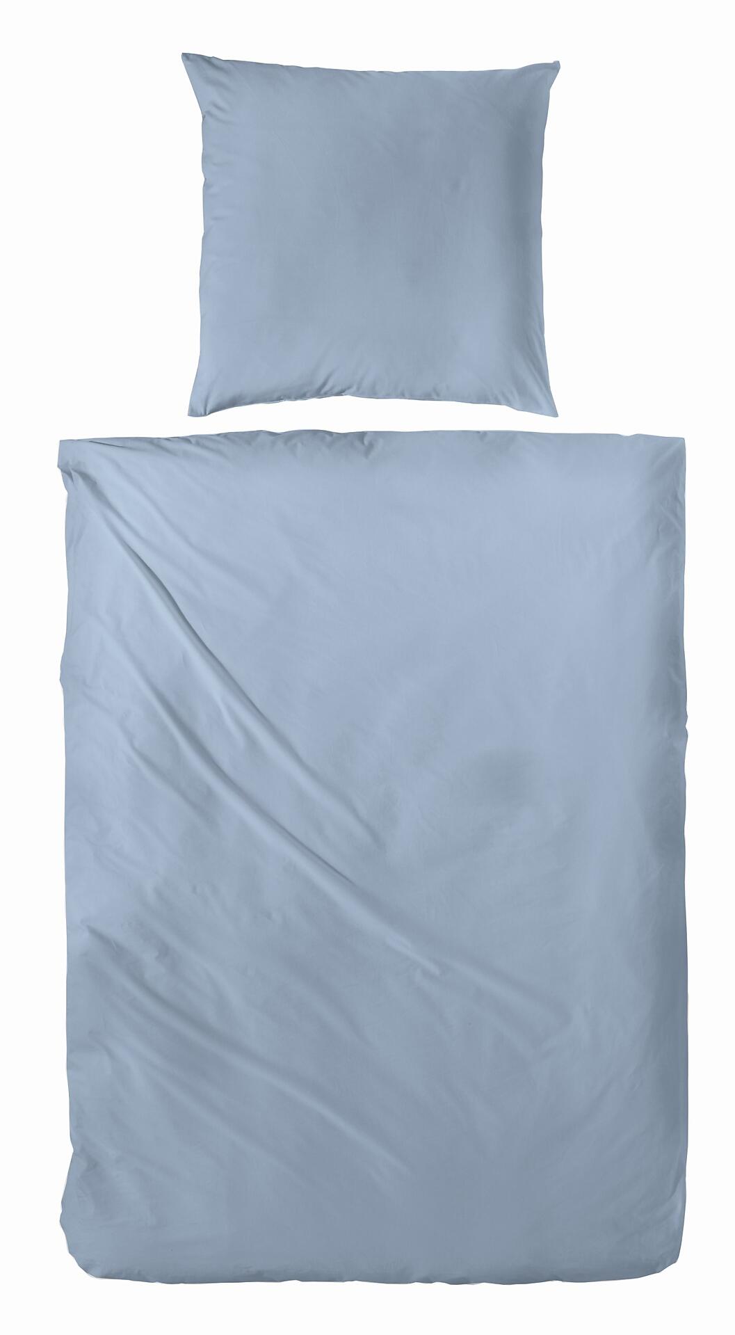 Rauchblaues Bettwäsche-Set aus 100% Baumwollsatin mit Reißverschluss und 80x80cm Kopfkissen in frontalem Produktfoto.