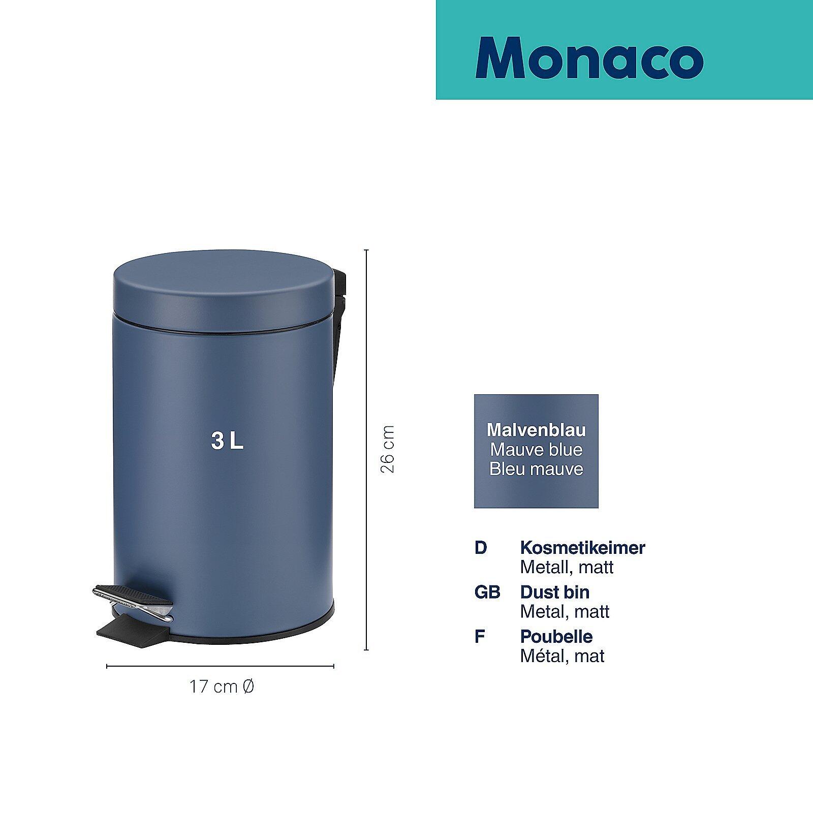Kosmetikeimer Monaco aus blauem Metall mit Fußpedal zur Deckelöffnung, Durchmesser 17 cm, Höhe 26 cm und einem Fassungsvermögen von 3 Litern.