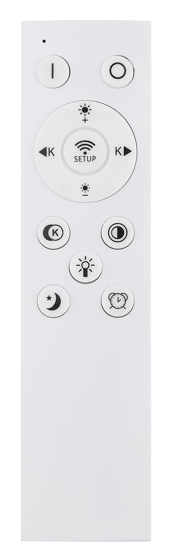 Fernbedienung für die Deckenleuchte GALLEGOS mit Tasten für Lautstärke, Timer, WLAN, Nachtlicht und weitere Funktionen.