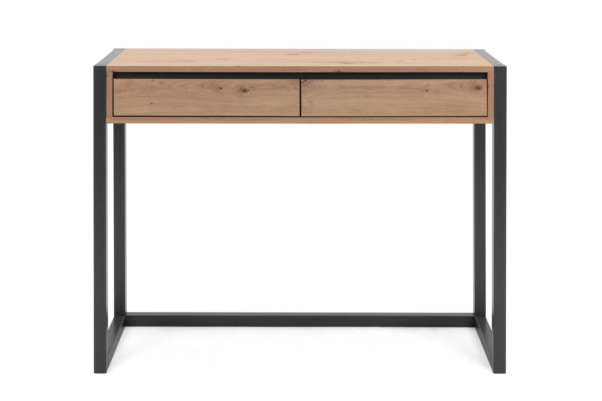 Konsole Denver 44 mit zwei Schubladen, helles Eiche-Furnier und anthrazitfarbenen Metallbeinen in minimalistischem Design.