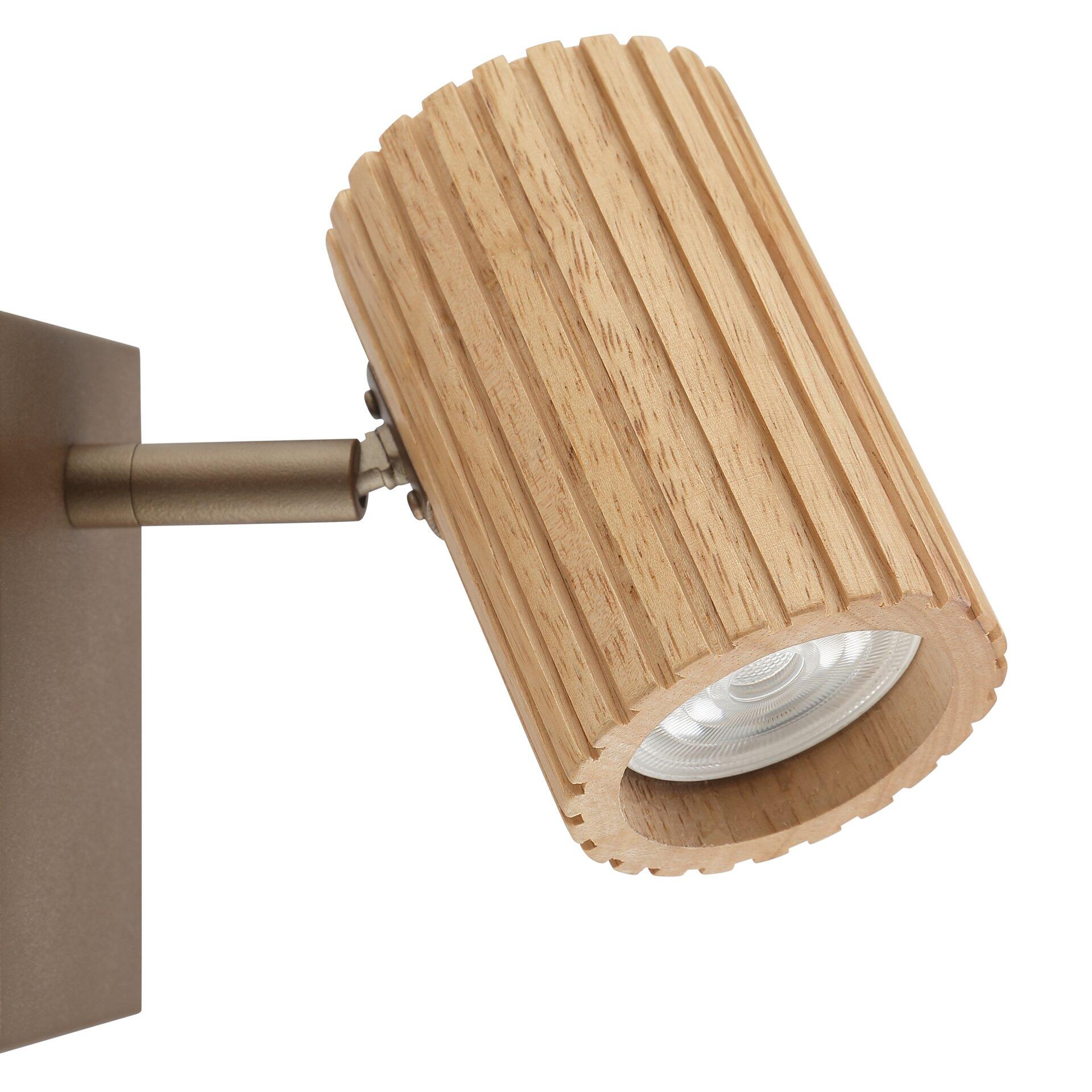 Lakewood Wandleuchte mit schwenkbarem, zylindrischen Lampenkopf aus Holzlamellen und verstellbarem Arm für flexible Lichtausrichtung.