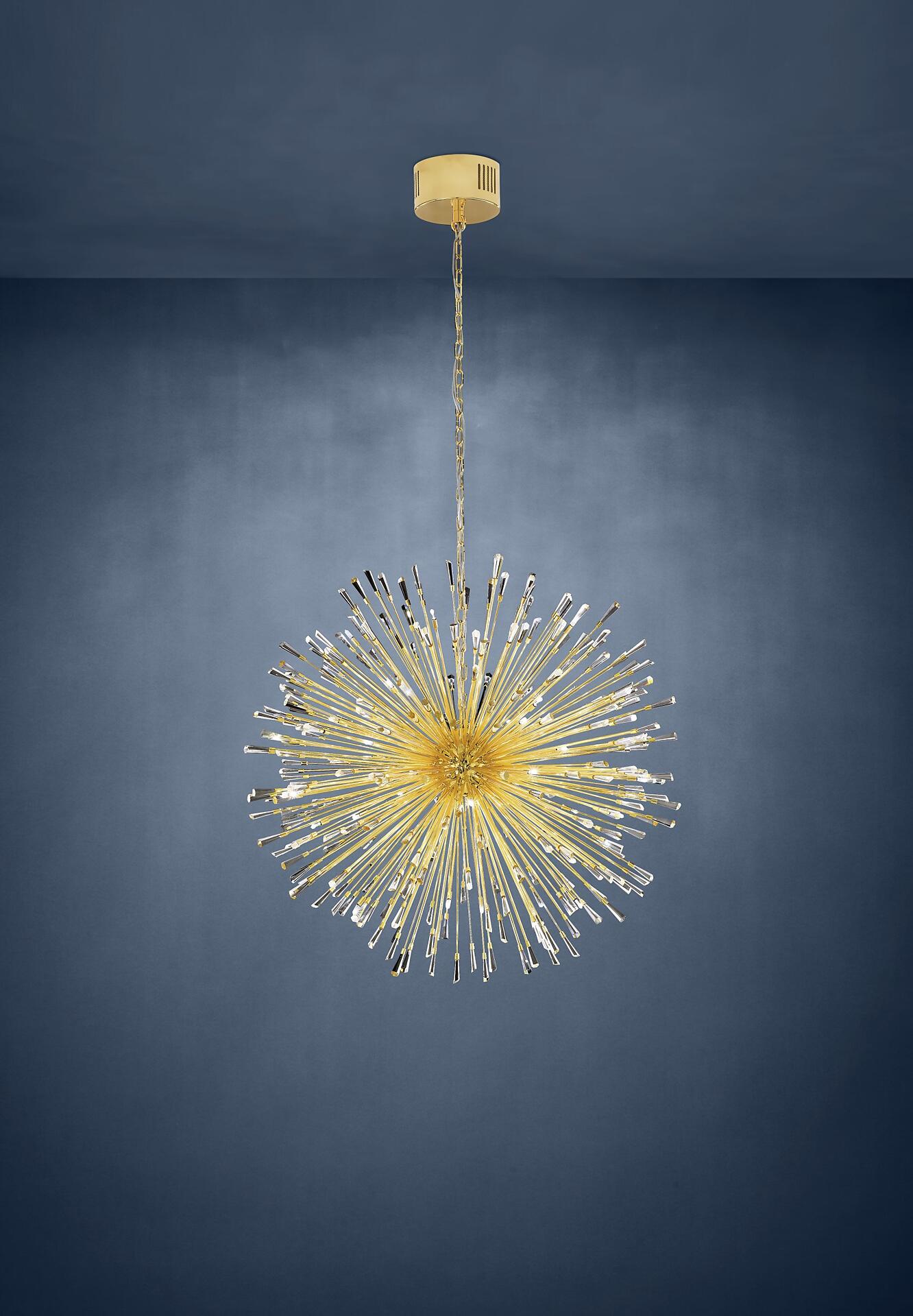 Pendelleuchte Vivaldo 1 von Eglo Stars of Light: Goldfarbene Metallstreben strahlen sternförmig von einer runden Deckenbefestigung aus und sorgen für einen dynamischen Blickfang.
