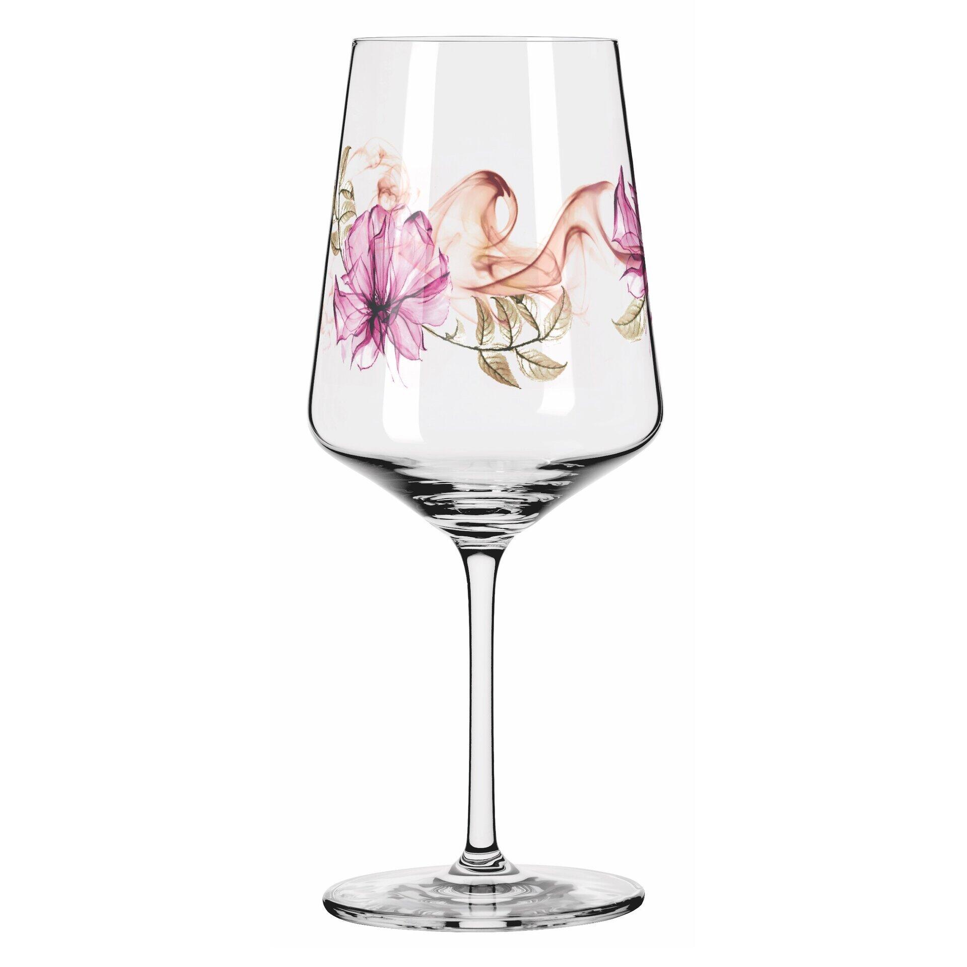 Aperitifglas mit floralem Dekor in Violett- und Rosatönen, zeigt die schlanke Form und den runden Fuß.