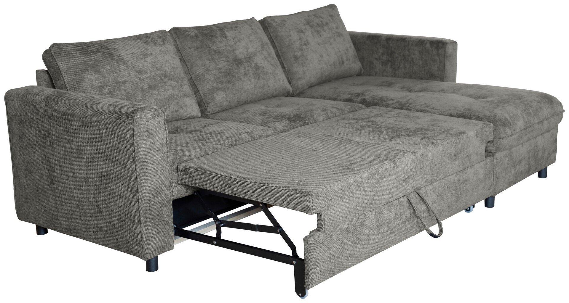Ecksofa Tokyo mit ausgeklappter Schlaffunktion und sichtbarem, schwarzen Metallgestell.