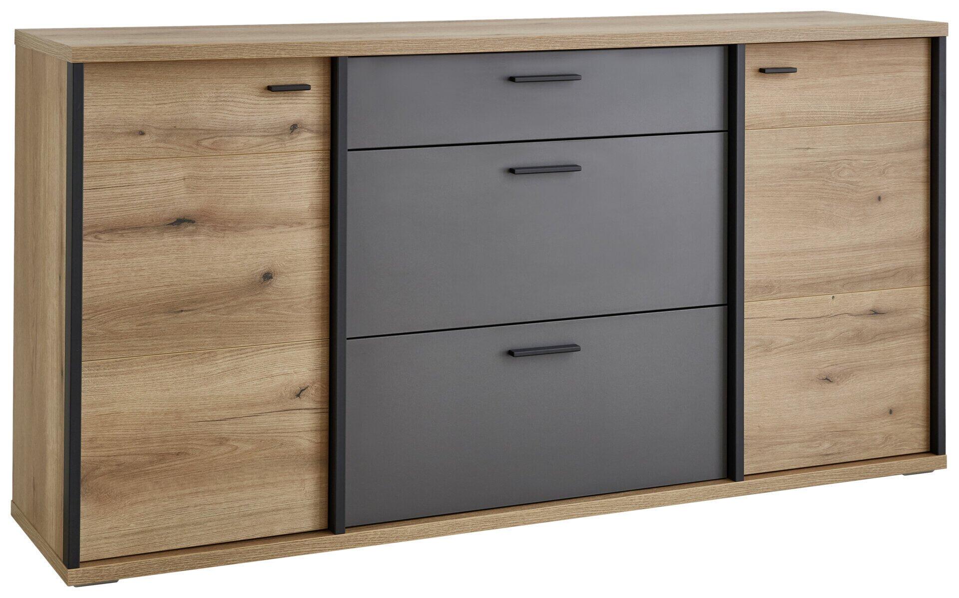 Modernes Sideboard Melo Typ 40 mit frontalem Blick auf die Kombination aus hellen Holzoptik auf der linken Seite und anthrazitfarbenen Schubladenbereich mit Griffmulden auf der rechten Seite.
