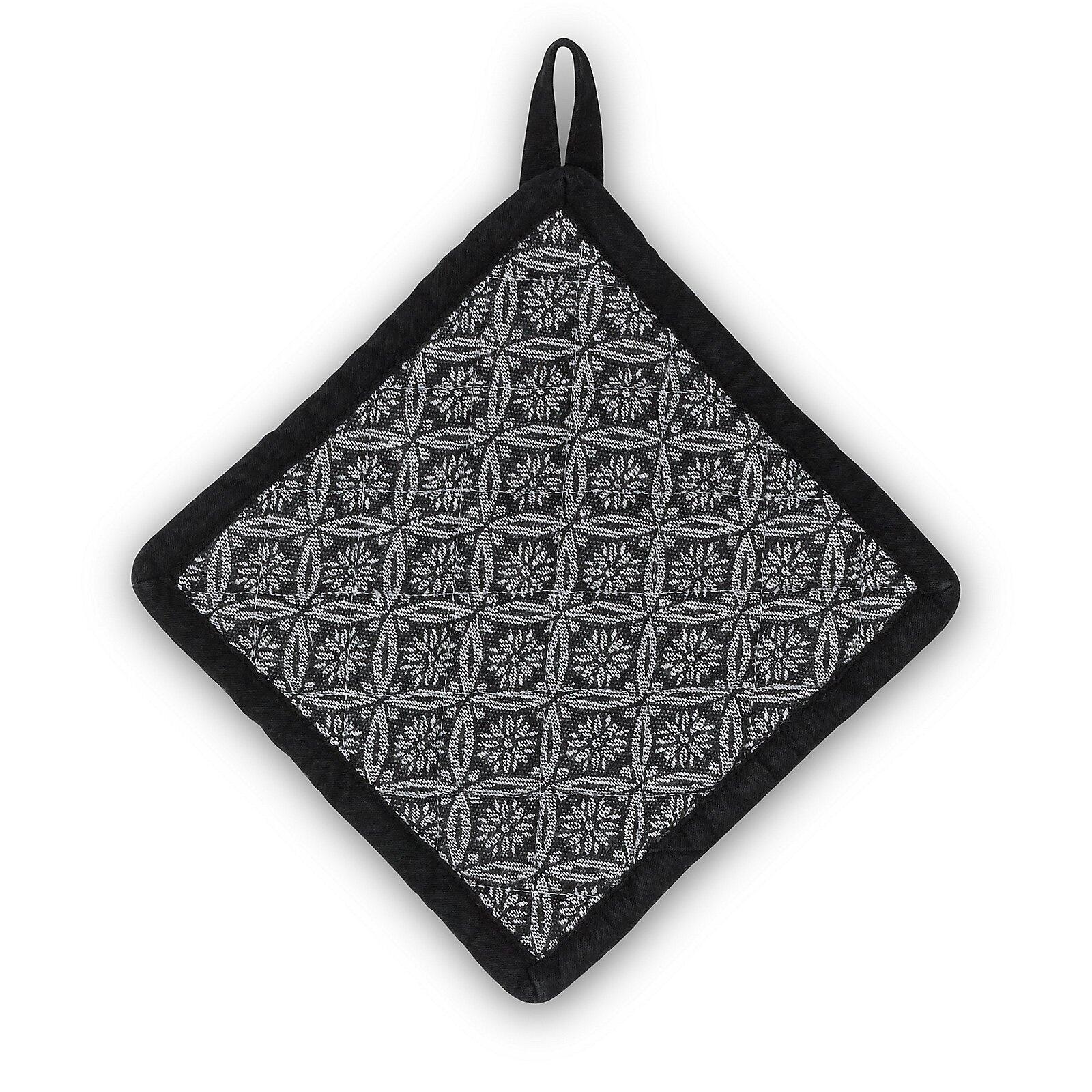 Topflappen Gianna mit geometrischem Muster und Schlaufe zur Aufbewahrung, flach auf weißem Grund abgebildet.