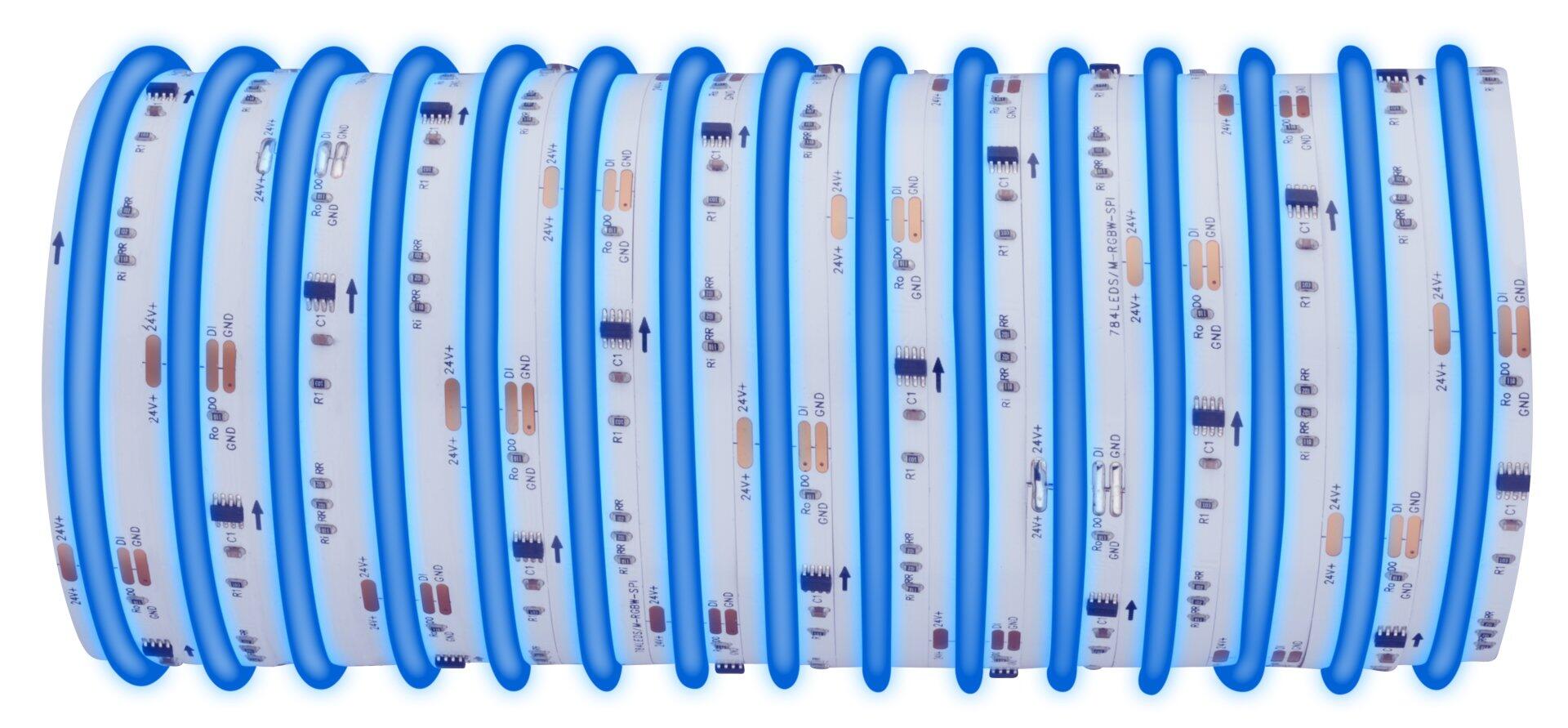 Gerolltes BRILO LED Band mit Anschlussbeschriftungen und Pfeilen für korrekte Montage und Steuerung.