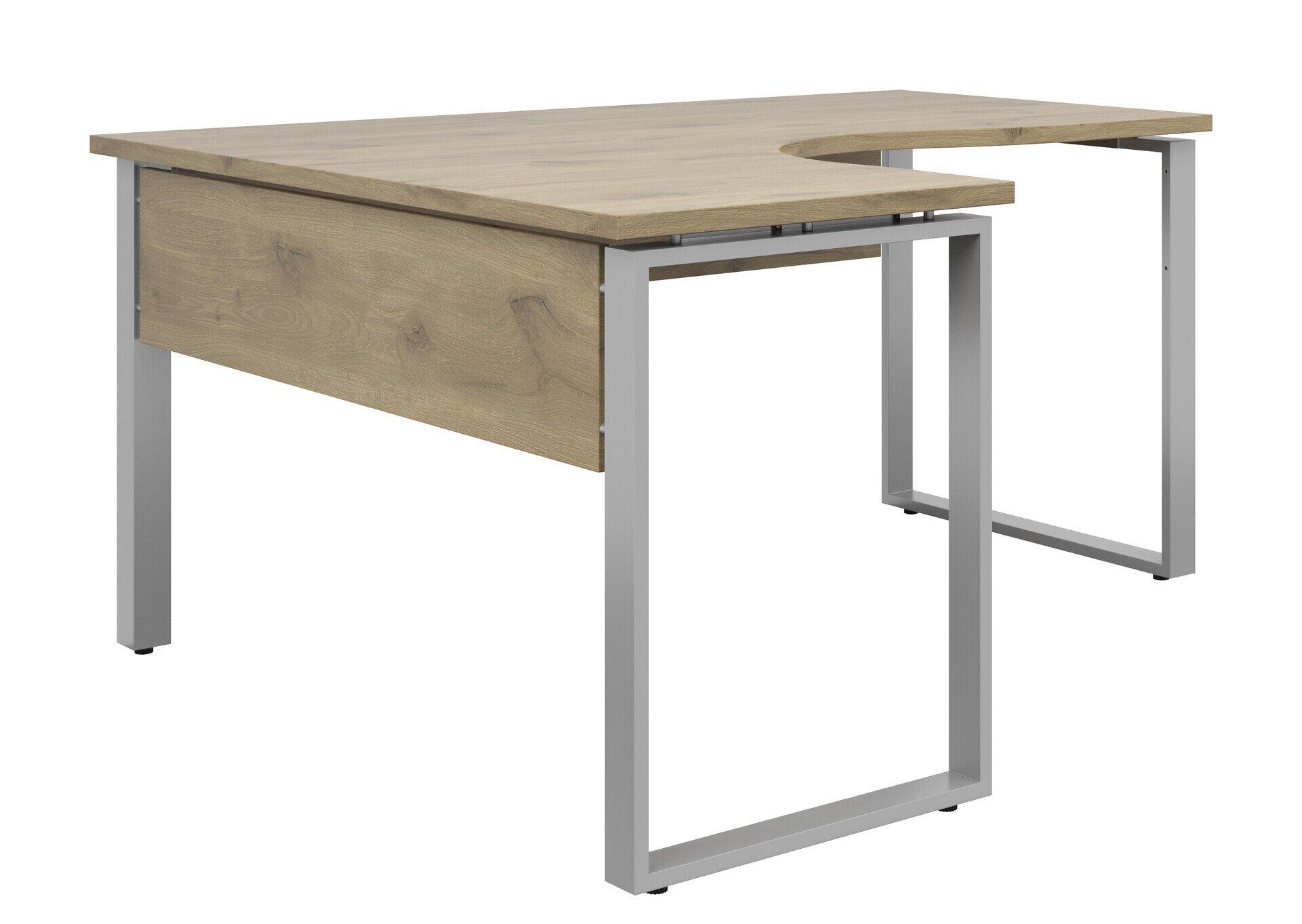 Eckschreibtisch Connect mit L-förmiger Tischplatte in Holzdekor, grauen Metallbeinen und integrierter Schublade, dargestellt aus einem Winkel zur Betonung der Tiefe.
