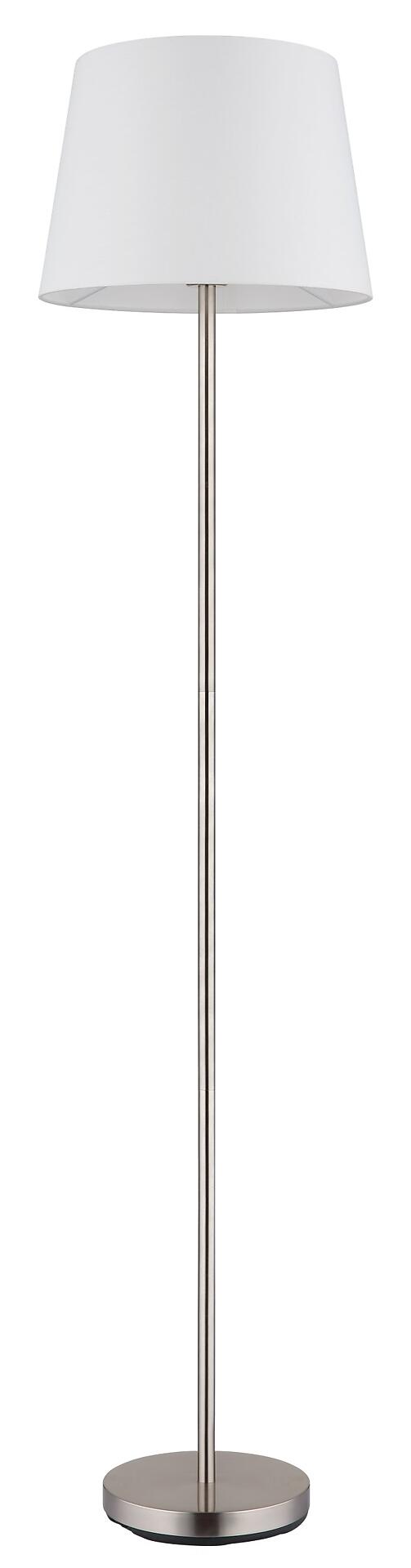 Stehlampe JORIS mit silbernem Fuß und weißem Stoffschirm, die aus einer frontalen Perspektive die schlanke Form und Höhe betont.