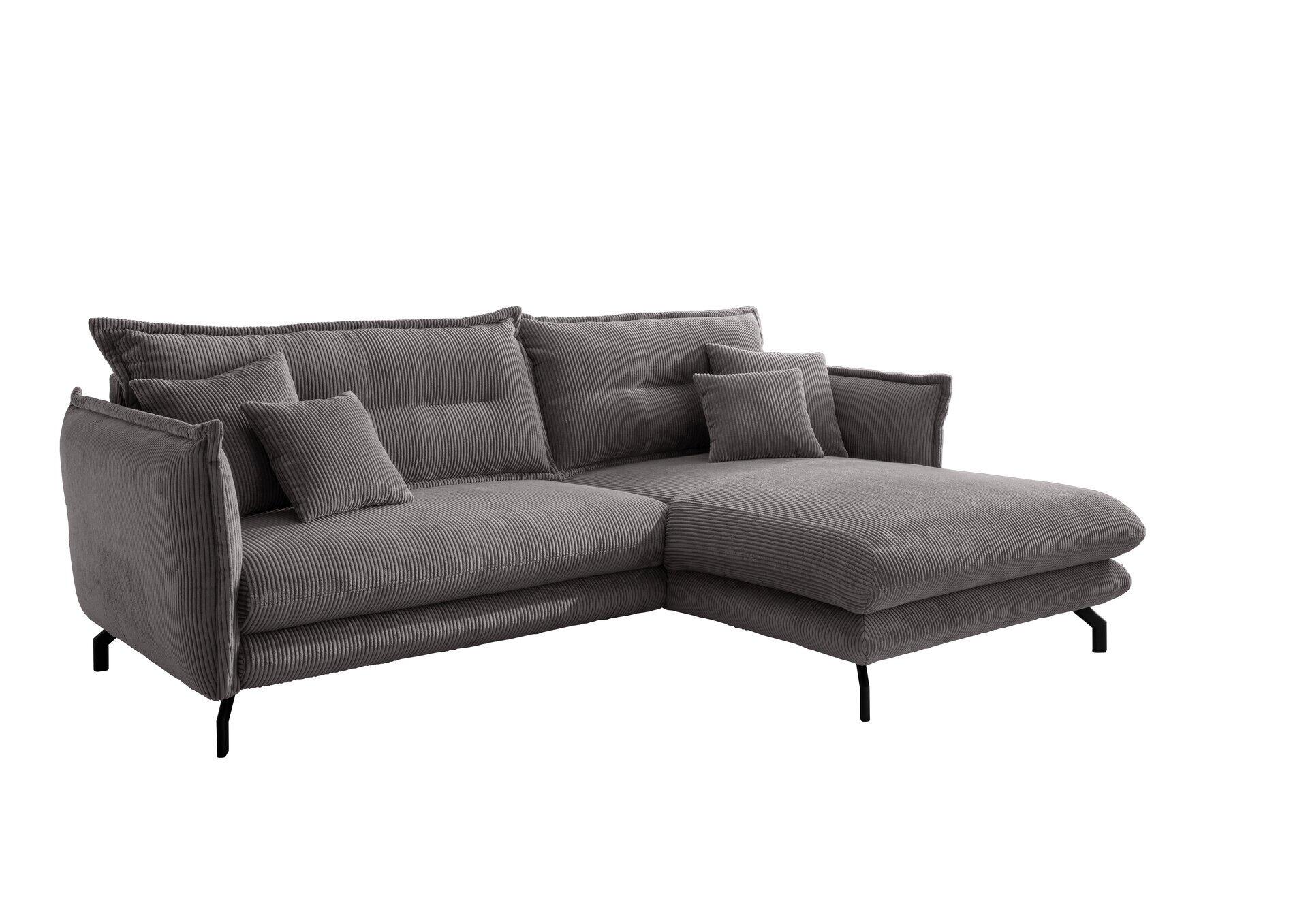 Ecksofa Lava mit Schlaffunktion und Metallfüßen, dargestellt in einer Dreiviertelansicht, die die ausziehbaren Liegeflächen und die gewellte Struktur zeigt.