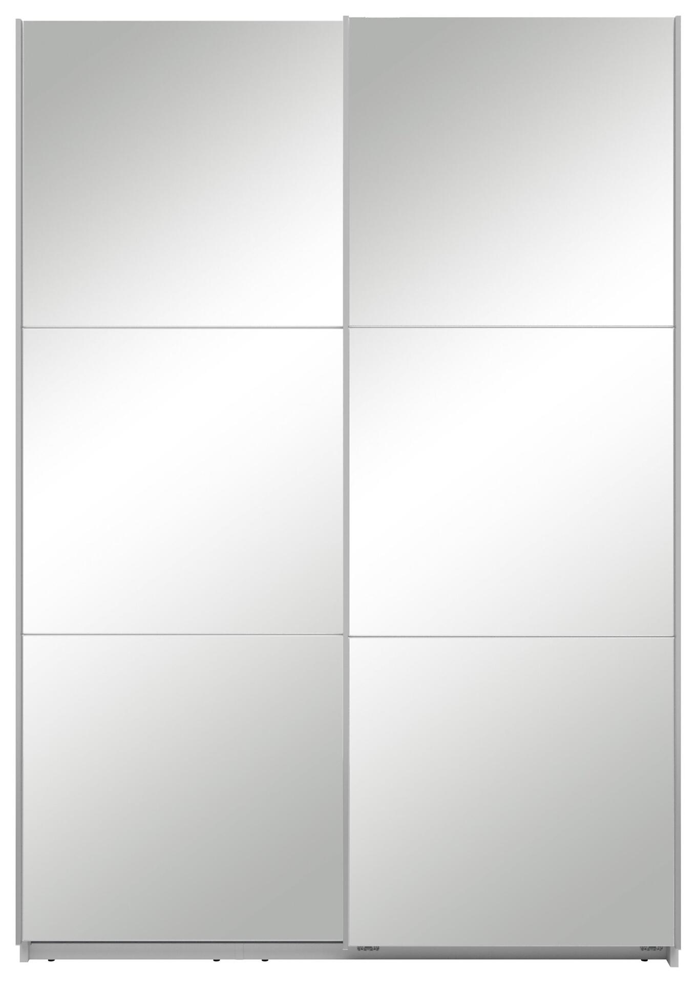 Schwebetürenschrank Neo mit zwei spiegelnden Türen und schwarzem Kunststofffuß.
