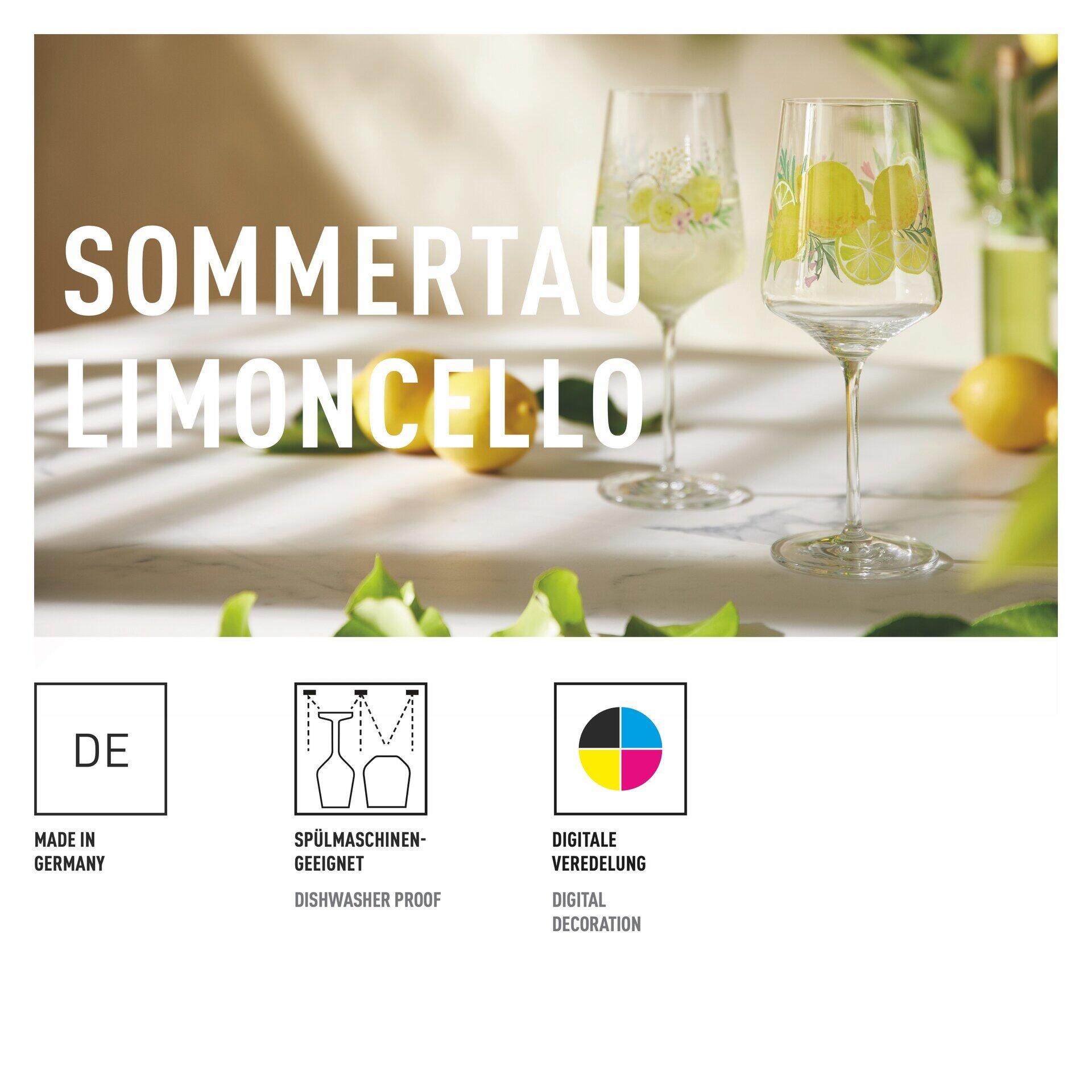 Aperitifglas-Set mit sommerlichem Zitronen-Design und "SOMMERTAU" Schriftzug, inklusive Icons für "Made in Germany", spülmaschinenfreundlich und digitale Veredelung.