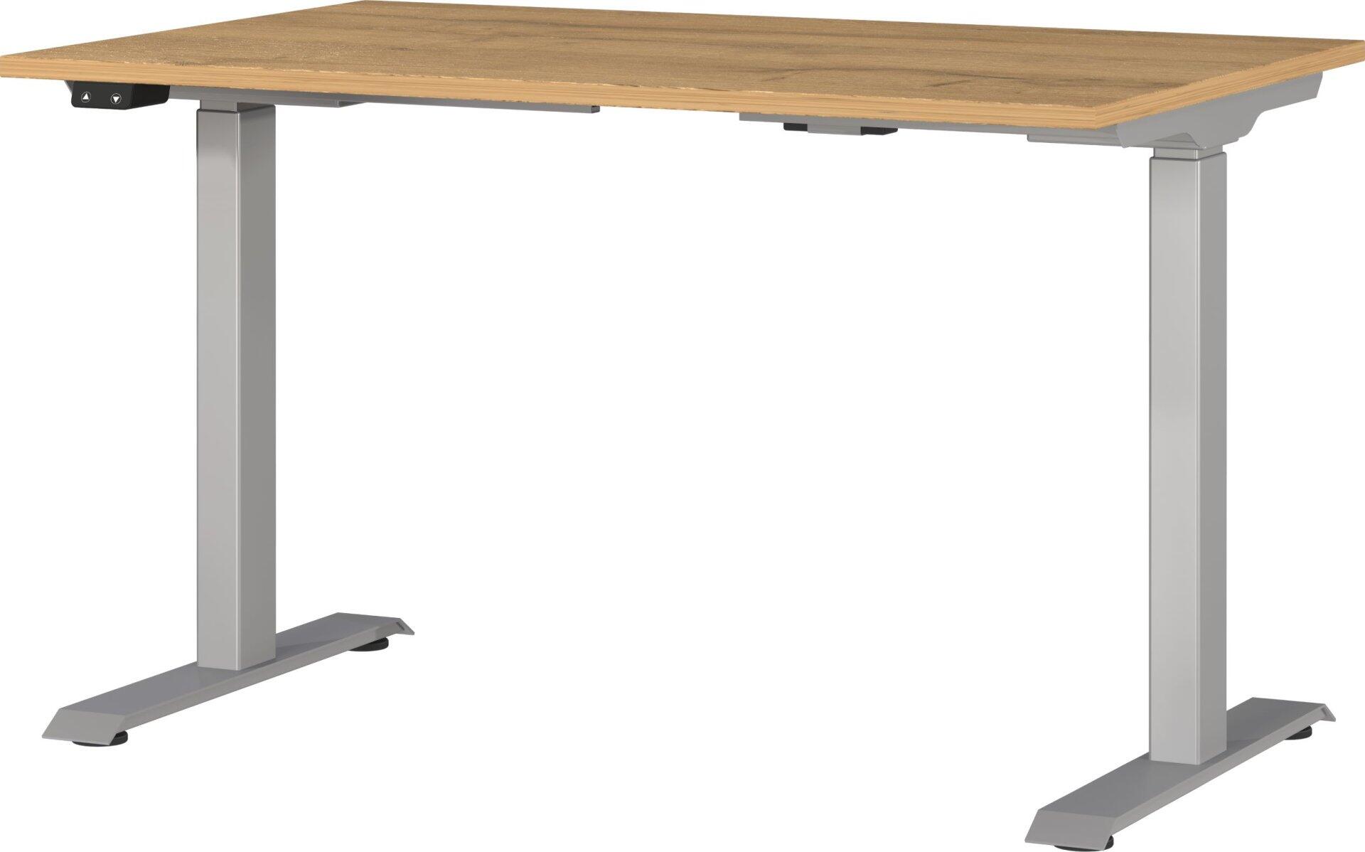 Schreibtisch 7907-638, höhenverstellbar mit rechteckiger Tischplatte in Holzoptik und silberfarbenen, verstellbaren Metallbeinen mit Bedienfeld für die Höhenanpassung.
