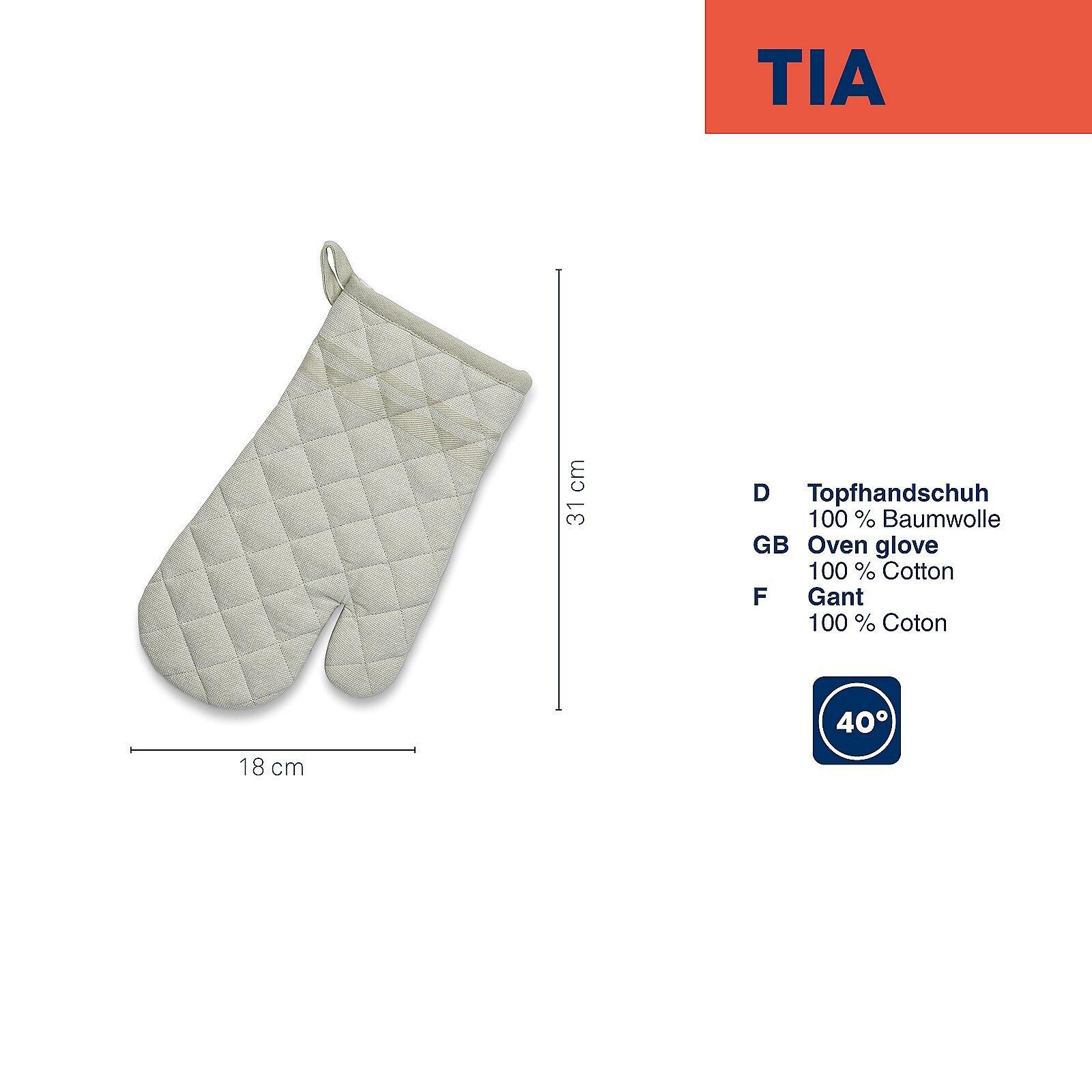Grauer Topfhandschuh Tia aus Baumwolle mit quadratischer Textur, Seitenansicht zeigt Form und Fingeröffnung, Abmessungen 18 cm breit und 31 cm hoch.