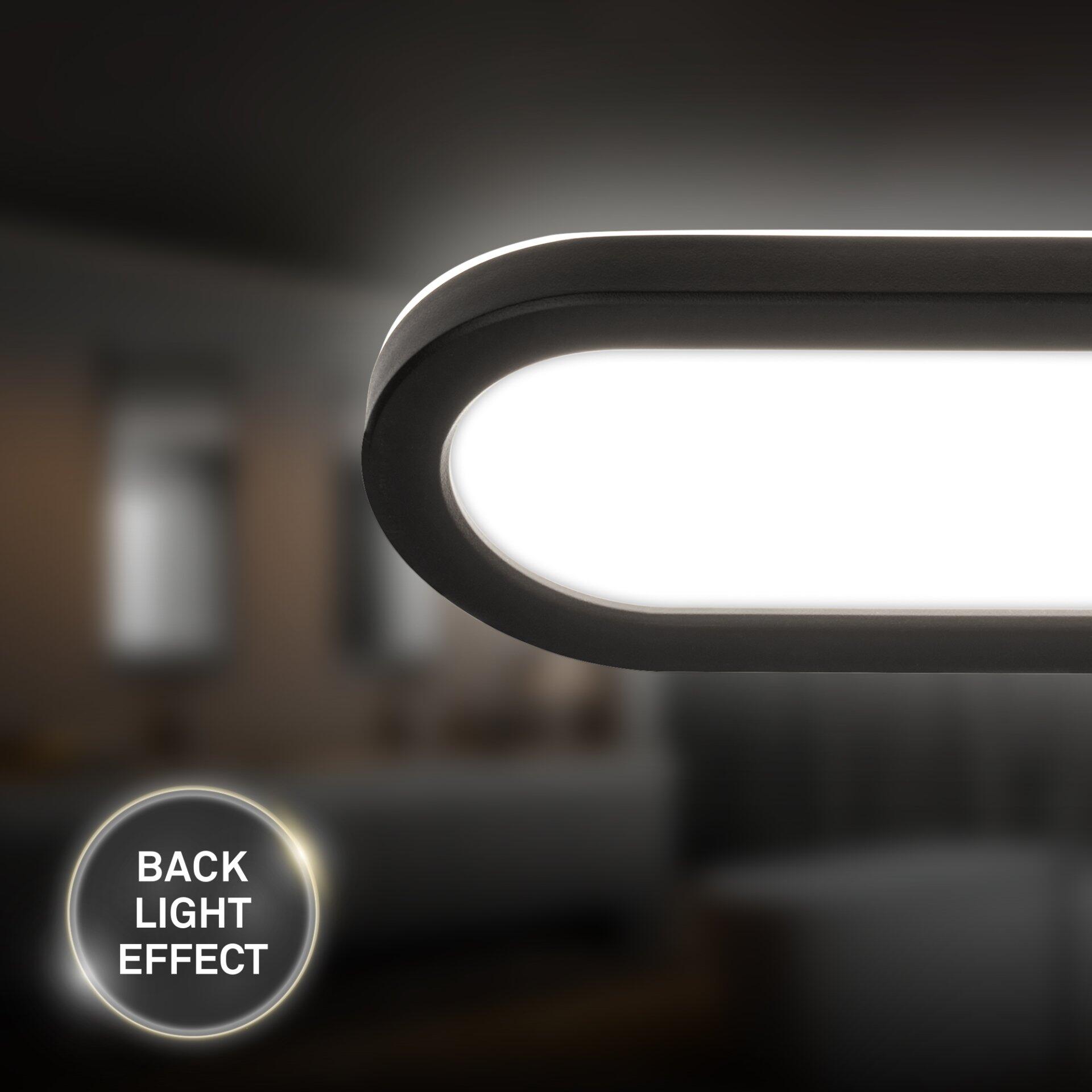 Moderne, schwarze Wandleuchte Pil mit gebogenem Rahmen und hellem, rechteckigem Lichtsegment, das einen "Backlight-Effekt" erzeugt.