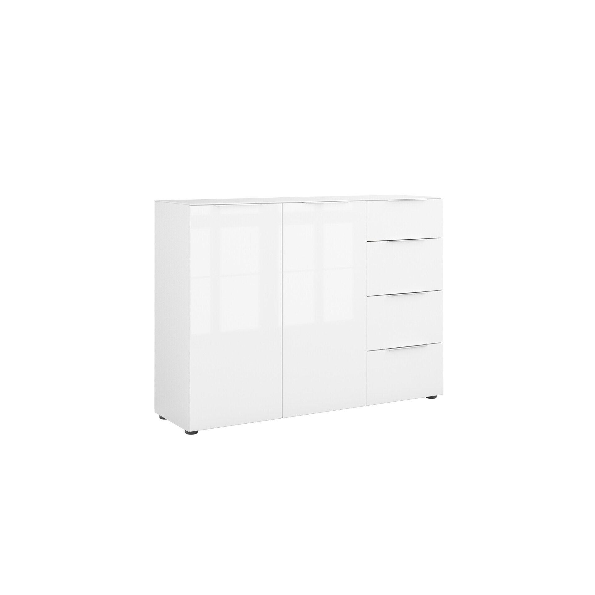 Weiße, hochglänzende Kommode "Style" im Dreiviertelblick mit zwei Türen, vier Schubladen, gedämpften Selbsteinzügen und Soft-Close-Funktion, sowie Vertiefungen für Chrom-Metallgriffe.