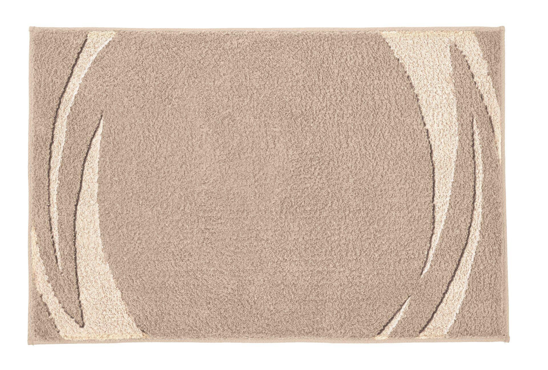 WC-Vorleger Mystic: Rechteckiger Teppich mit flauschiger, beige Oberfläche und gewelltem, asymmetrischen Muster.