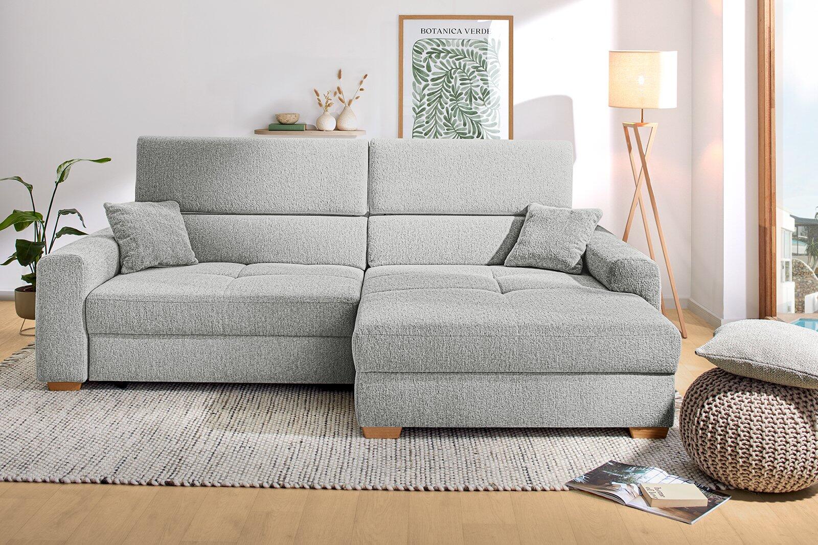Wohnlandschaft Slider, graues Ecksofa mit Bettfunktion und rechts montierbarem Schwenkteil, ausziehbar durch Hochklappen von Sitzfläche und Rückenlehne.