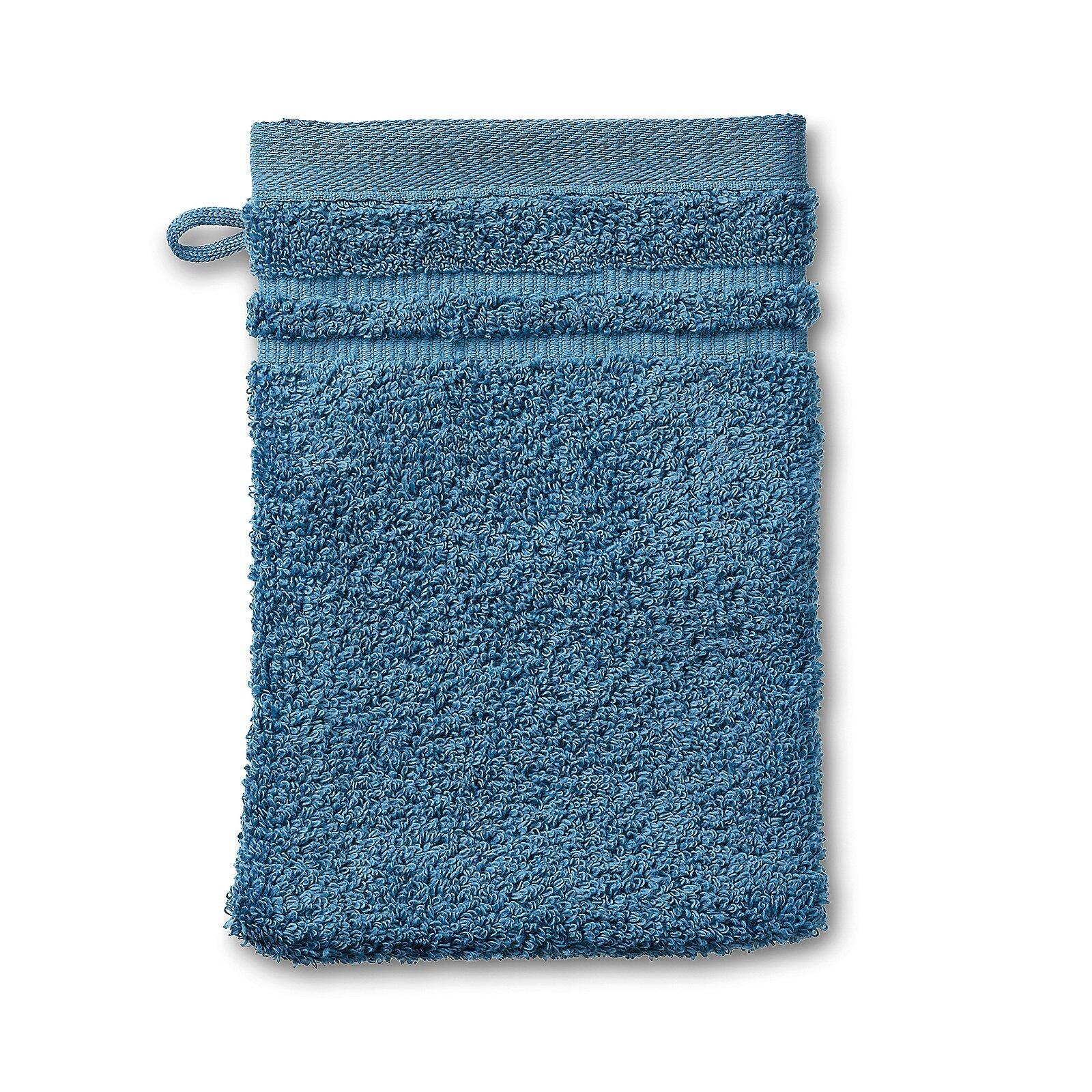 Blauer Waschhandschuh Leonora mit geriffelter Textur und Aufhängeschlaufe, frontal und detailreich abgebildet.