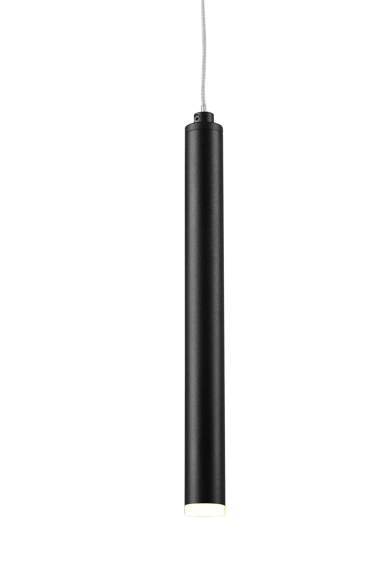Pendelleuchte Tubular mit zylindrischem Korpus, silbernem Kabel und heller Lichtquelle, die einen warmen Schein abgibt.