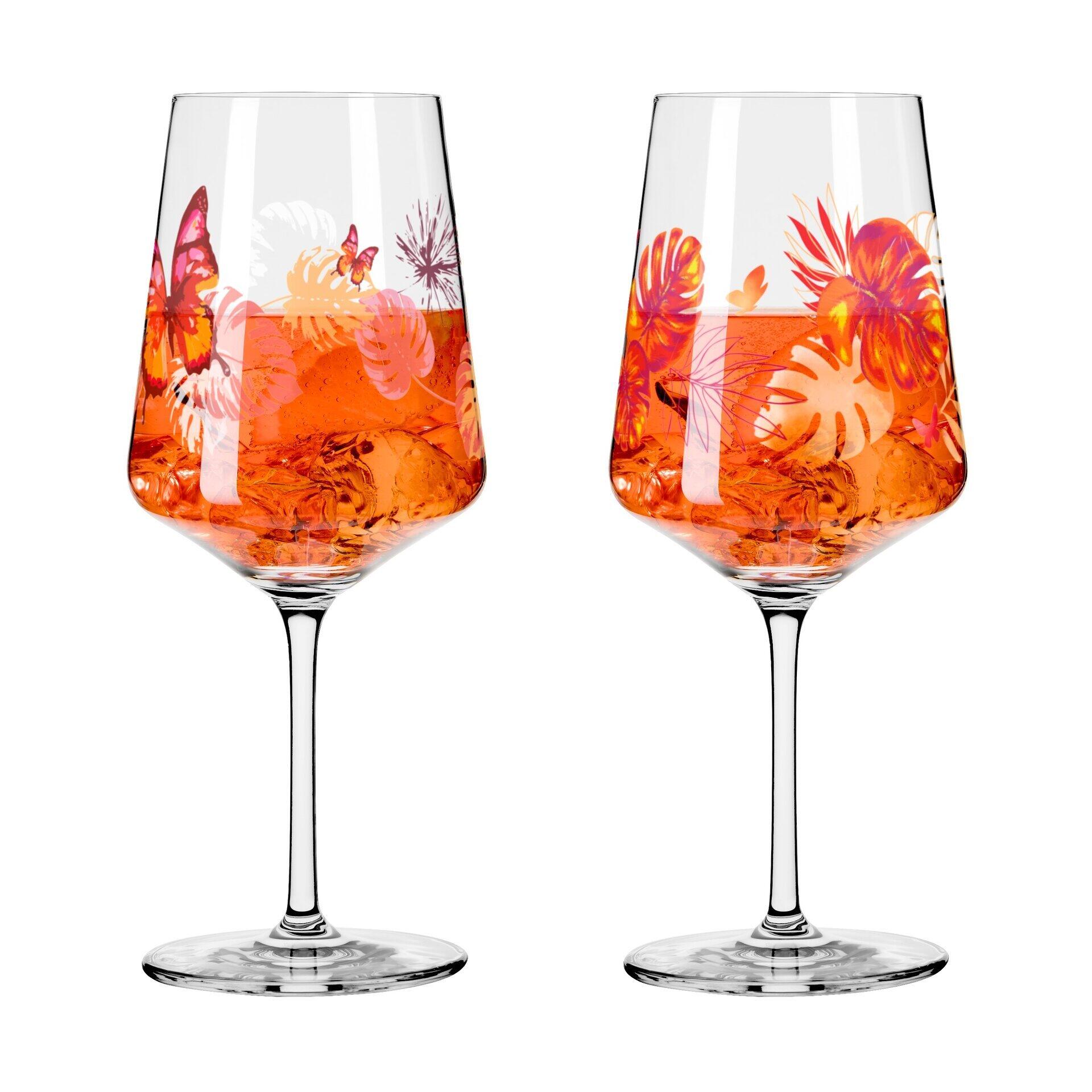 Zwei Aperitifgläser mit grafischem Blätter- und Blütenmotiv in Geschenkbox.