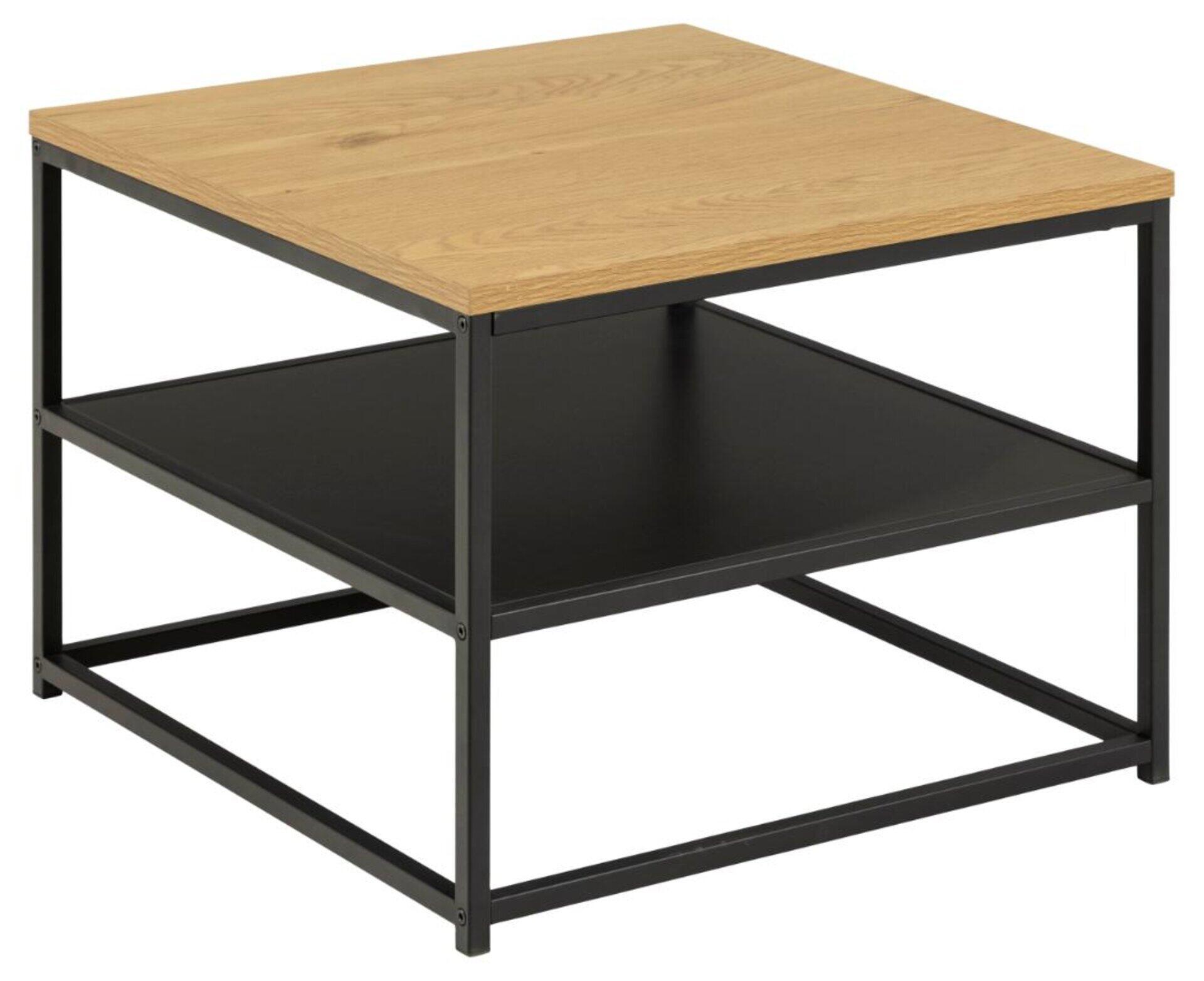 Couchtisch Gila mit rechteckiger Holz-Tischplatte und rustikalem Dekor, gehalten von einem schwarzen Metallgestell mit zwei horizontalen Ablageflächen.