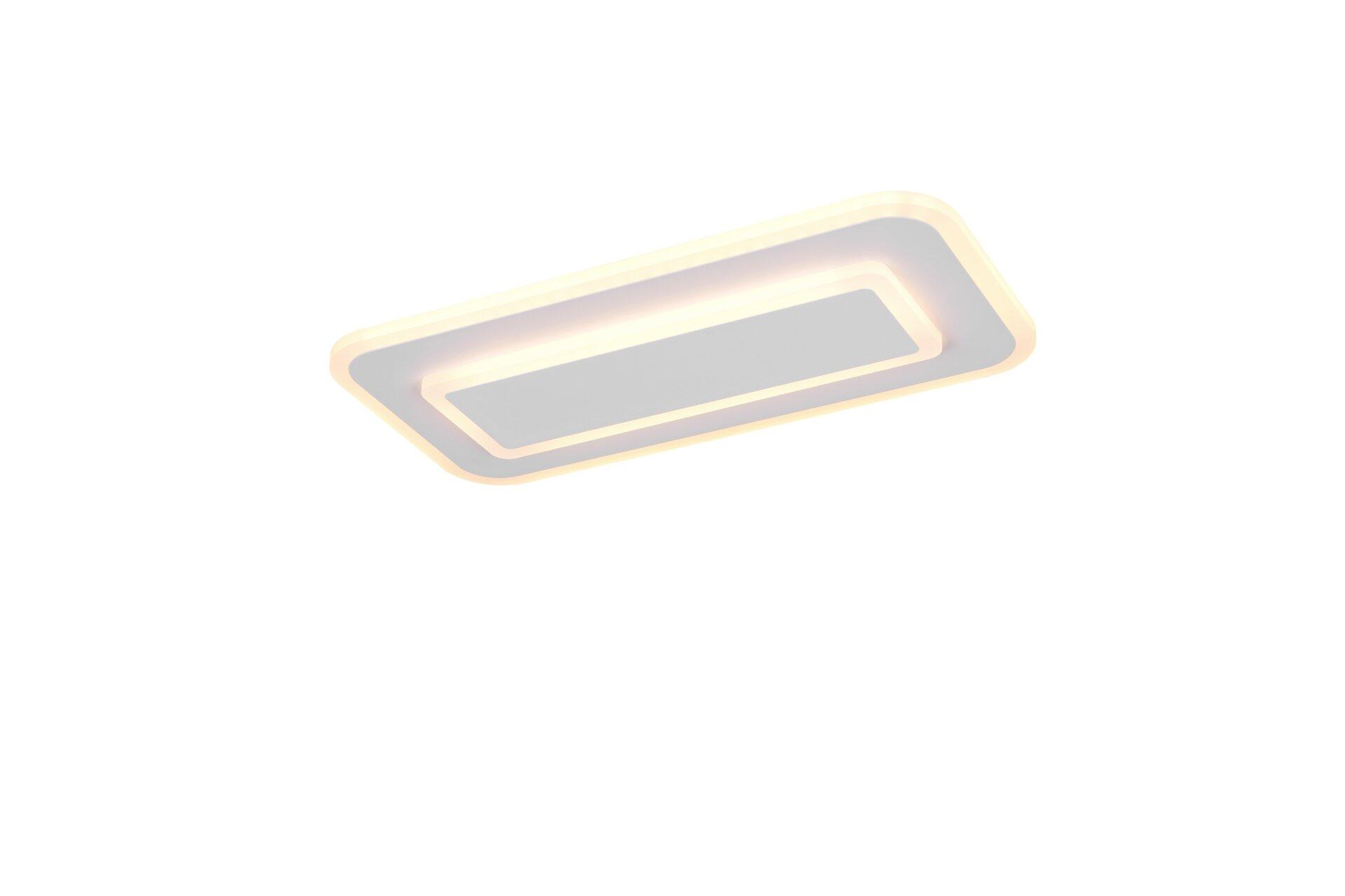 Deckenleuchte Riva mit flachem, rechteckigem Design und mehreren Ebenen für sanftes, diffuses Licht, detailreich aus Frontalperspektive dargestellt.