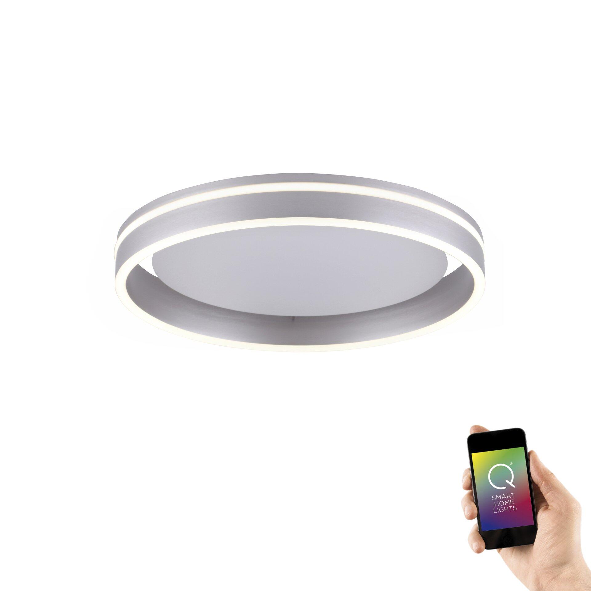 Deckenleuchte Q-Vito mit konzentrischen Lichtringen und Smart-Home-Steuerung über App.
