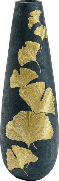 Dunkelblaue Vase Elegance Ginkgo aus Polyresin mit goldfarbenen Ginkgo-Blättern, die dekorativ auf der Oberfläche angebracht sind.