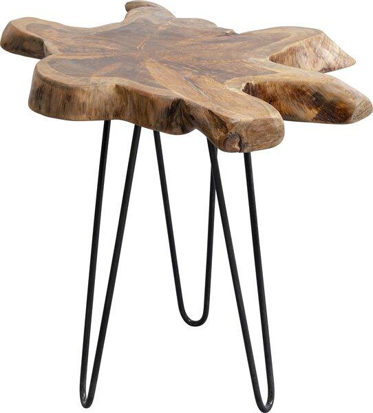 Beistelltisch Aspen Nature mit handgefertigter Tischplatte aus Teak Massivholz und drei gebogenen Metallfüßen, die die natürliche Maserung und organische Form des Hockers aus einem Naturholzstamm betonen.