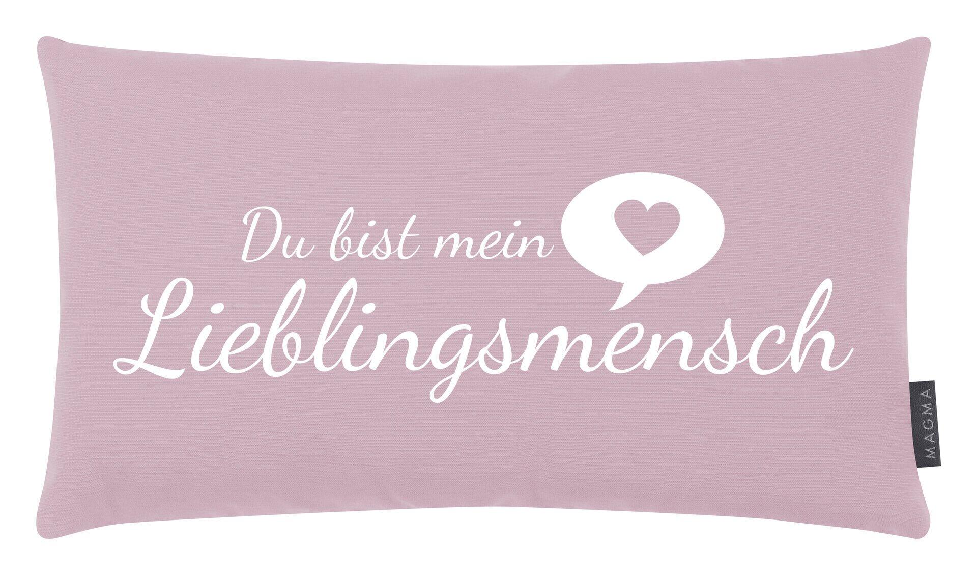 Kissen "Lieblingsmensch" mit aufgedrucktem Schriftzug "Du bist mein" und Herz, dargestellt in Frontalperspektive.