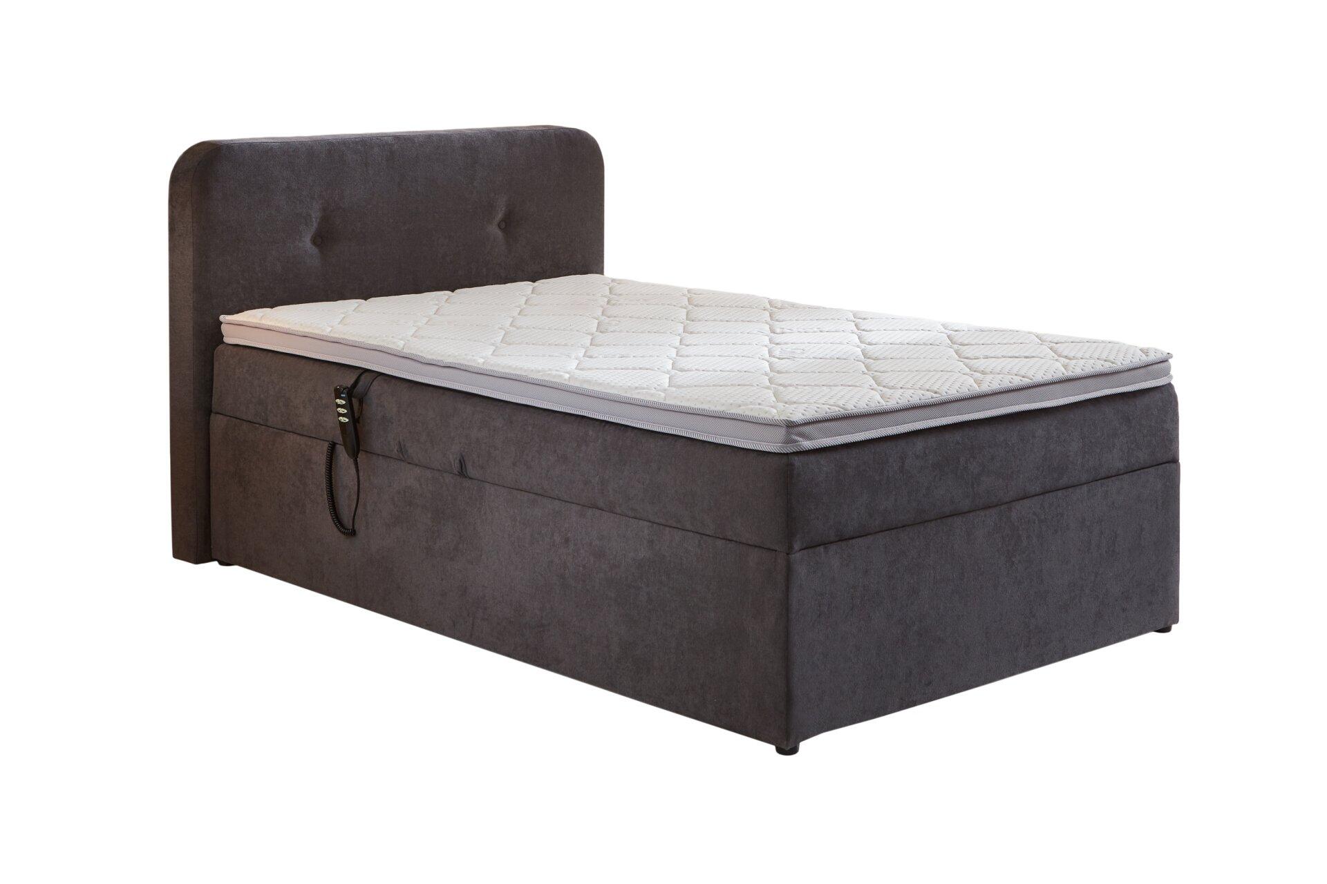 Boxspringbett Gabriola BX1880 mit grauem Bezug, hohem Kopfteil und integriertem Stauraum, erkennbar an der erhöhten Rahmenkonstruktion und Zugseil-Mechanismus.